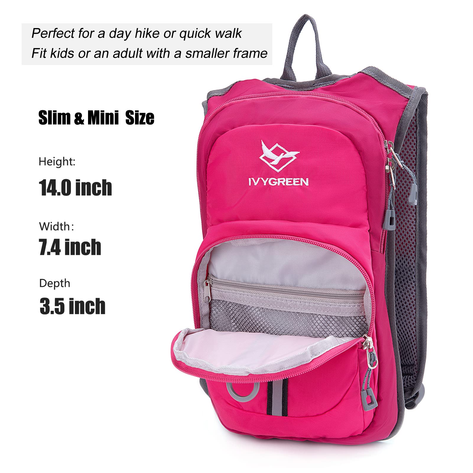 Ivygreen Kids Hydration Backpack, Hiking Backpack For Boys Or Girls With 1.5L Water Bladder (Rose Red)