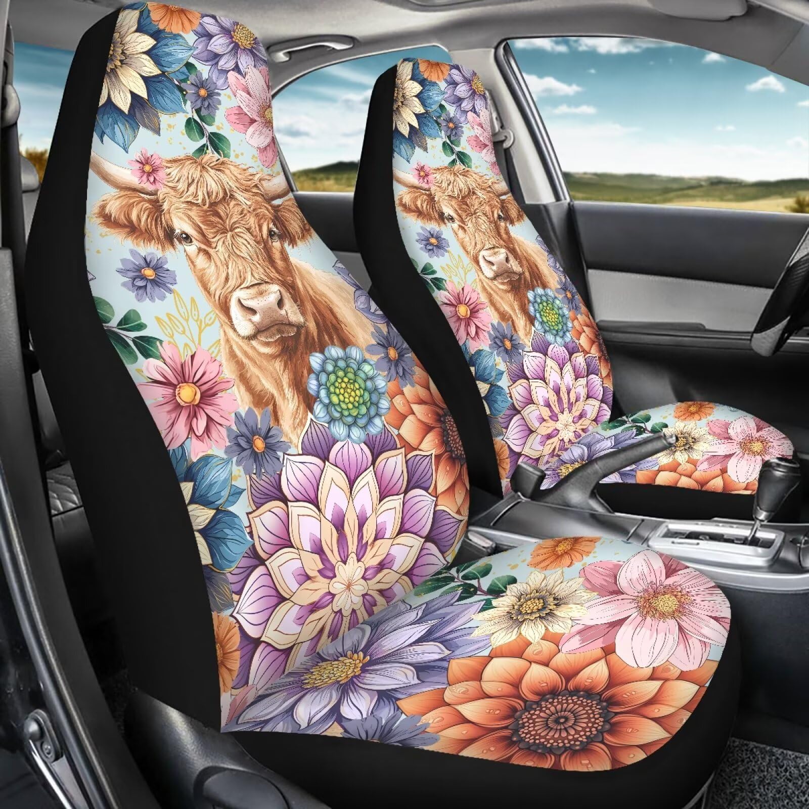 TOADDMOS Anti-Slip Car Seat Cover Front Seats Only,Boho Mandala Highland Cow Comfort Automotive Car Interior Covers Vehicle Cush