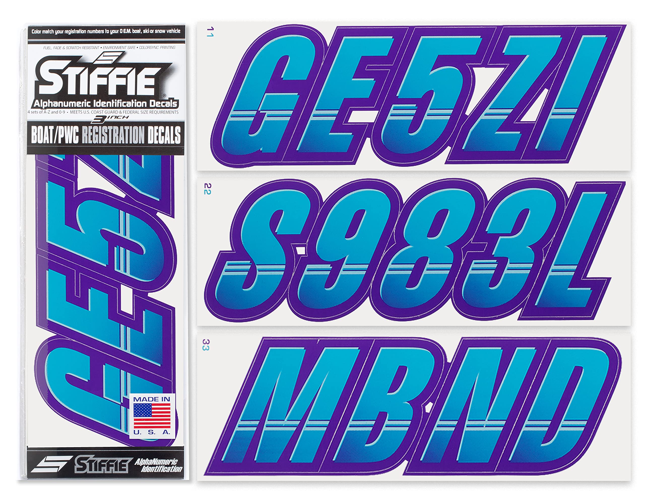 Stiffie Techtron Sky Blue/Purple 3 '' Boat & Pwc Registration Decals  Numbers Letters Stickers
