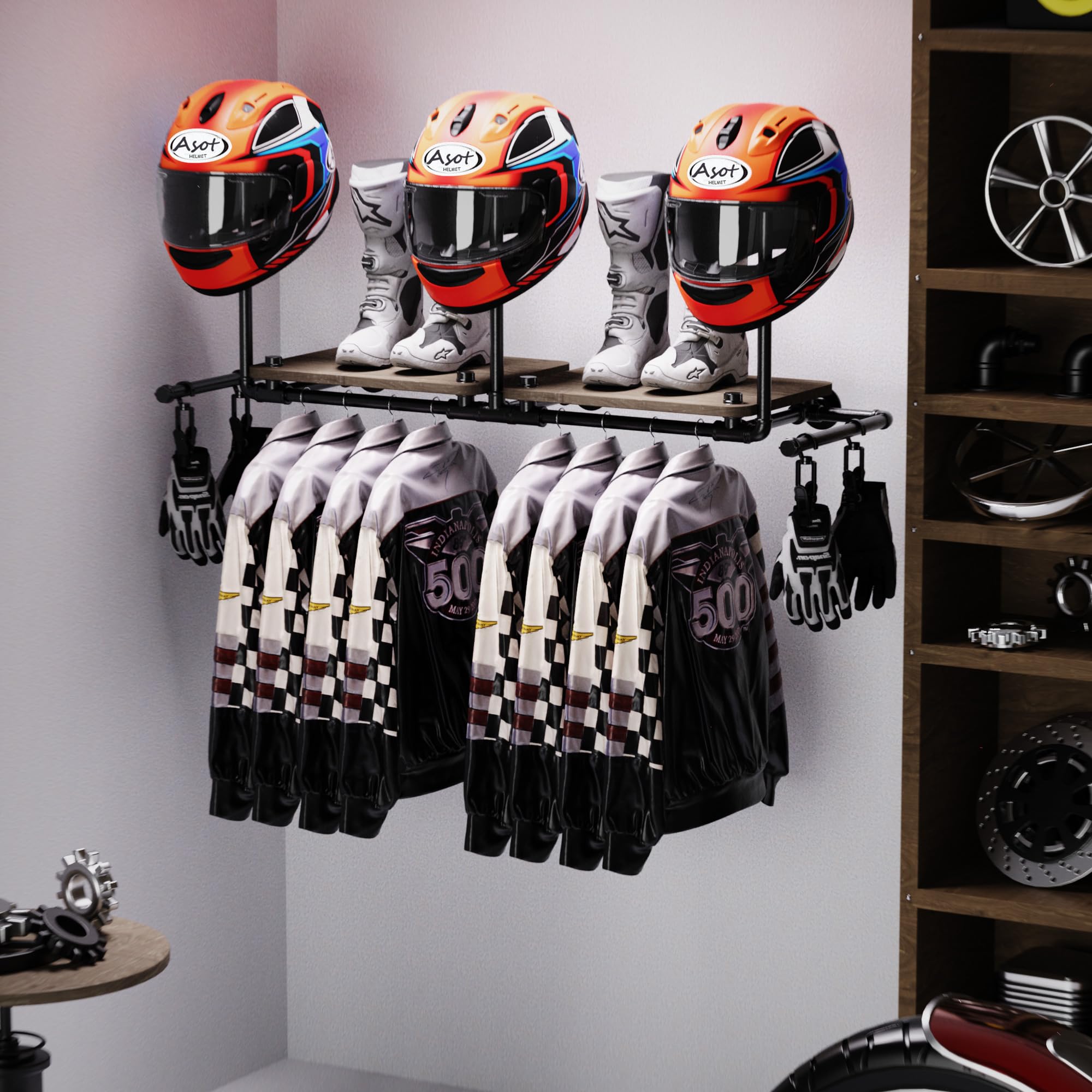 ATSKIM Double Motorcycle Helmet Holder Wall Mount, Helmet Hanger and Jacket Holder Wall Mount, Riding Gear Display Rack with 4 H