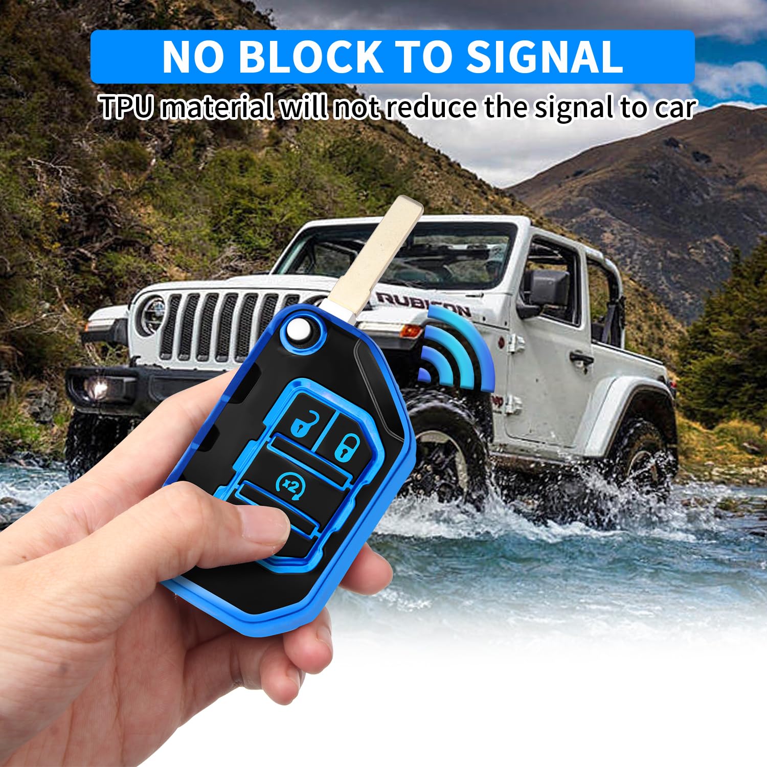 QBUC for Jeep Key Fob Cover with Keychain Compatible with Jeep Wrangler JLU JL Gladiator Rubicon JT Car Flip Key (blue)