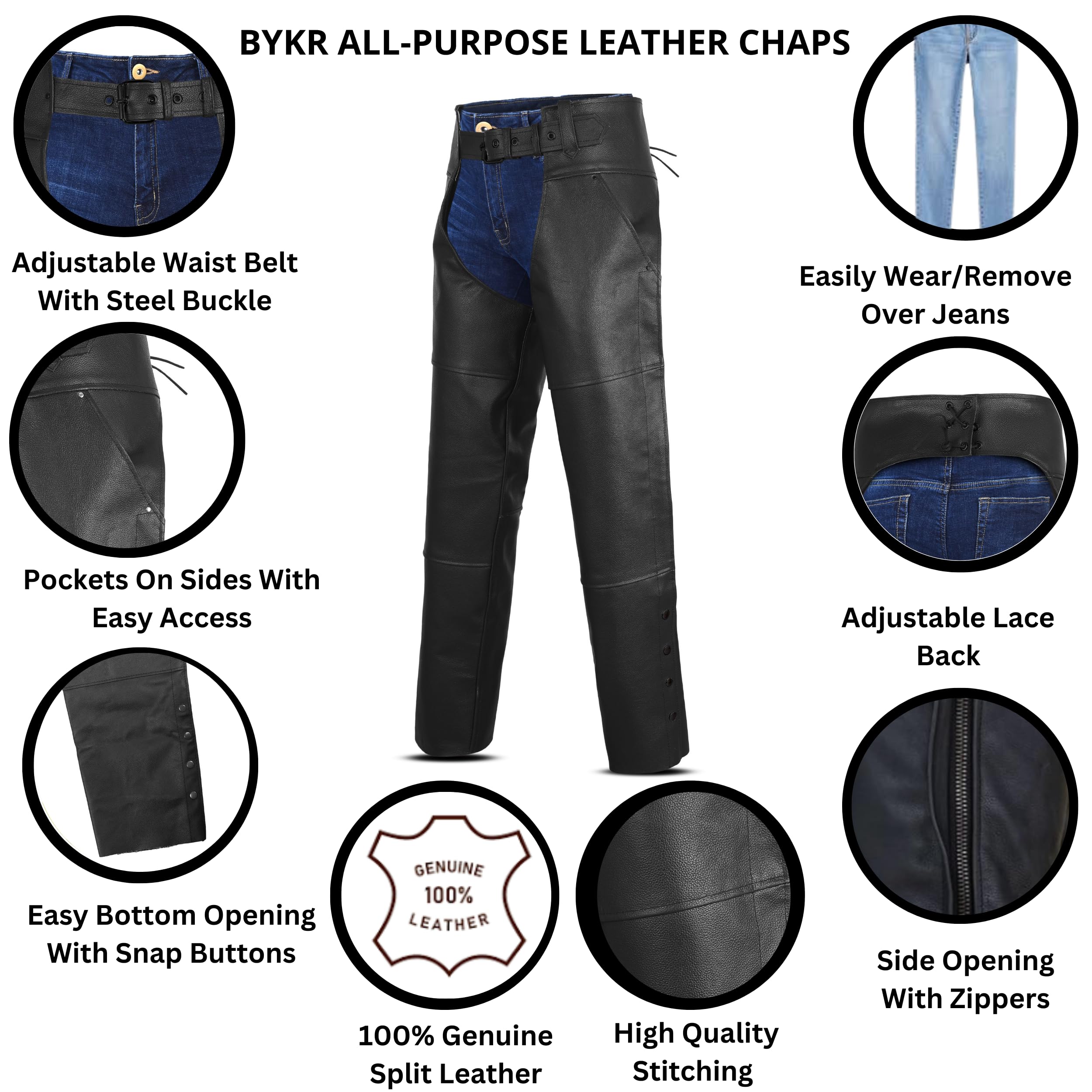 BYKR Leather Motorcycle Chaps for Men & Women Overpants Cowboy Riding Biker Vintage Chap Pants Adjustable Waist & Length (Black,
