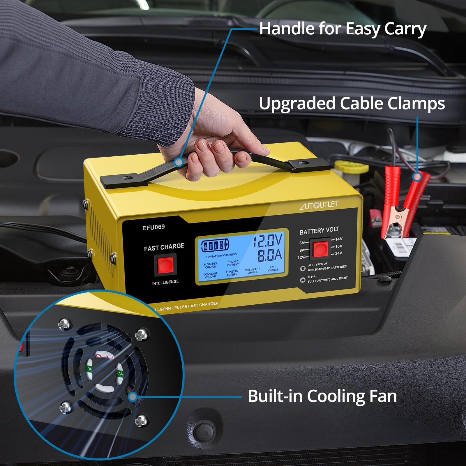 AUTOUTLET 0-10A Smart Car Battery Charger & Trickle Maintainer, Fully Automatic, 6/8/12/14/24V, Yellow, 23.5*14