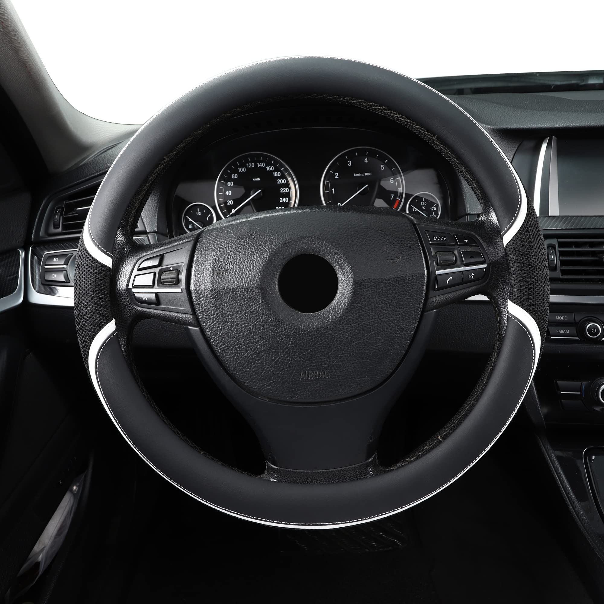 Microfiber Leather 15'' Universal Fit Car Steering Wheel Cover, Elastic Nonslip Breathable And Odorless, Black & White