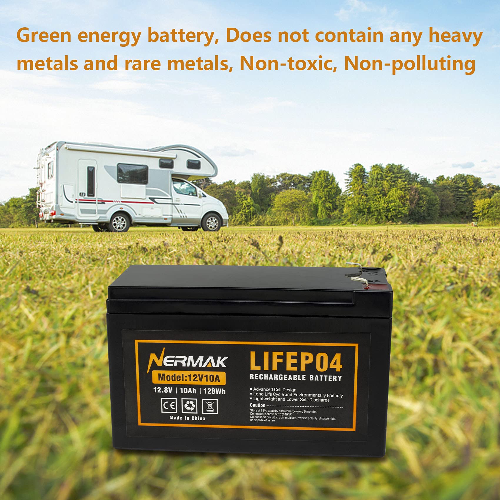 NERMAK 12V 10Ah Lithium LiFePO4 Deep Cycle Battery, 2000+ Cycles, Black, Model 12V10A for Solar/Wind Power, UPS,