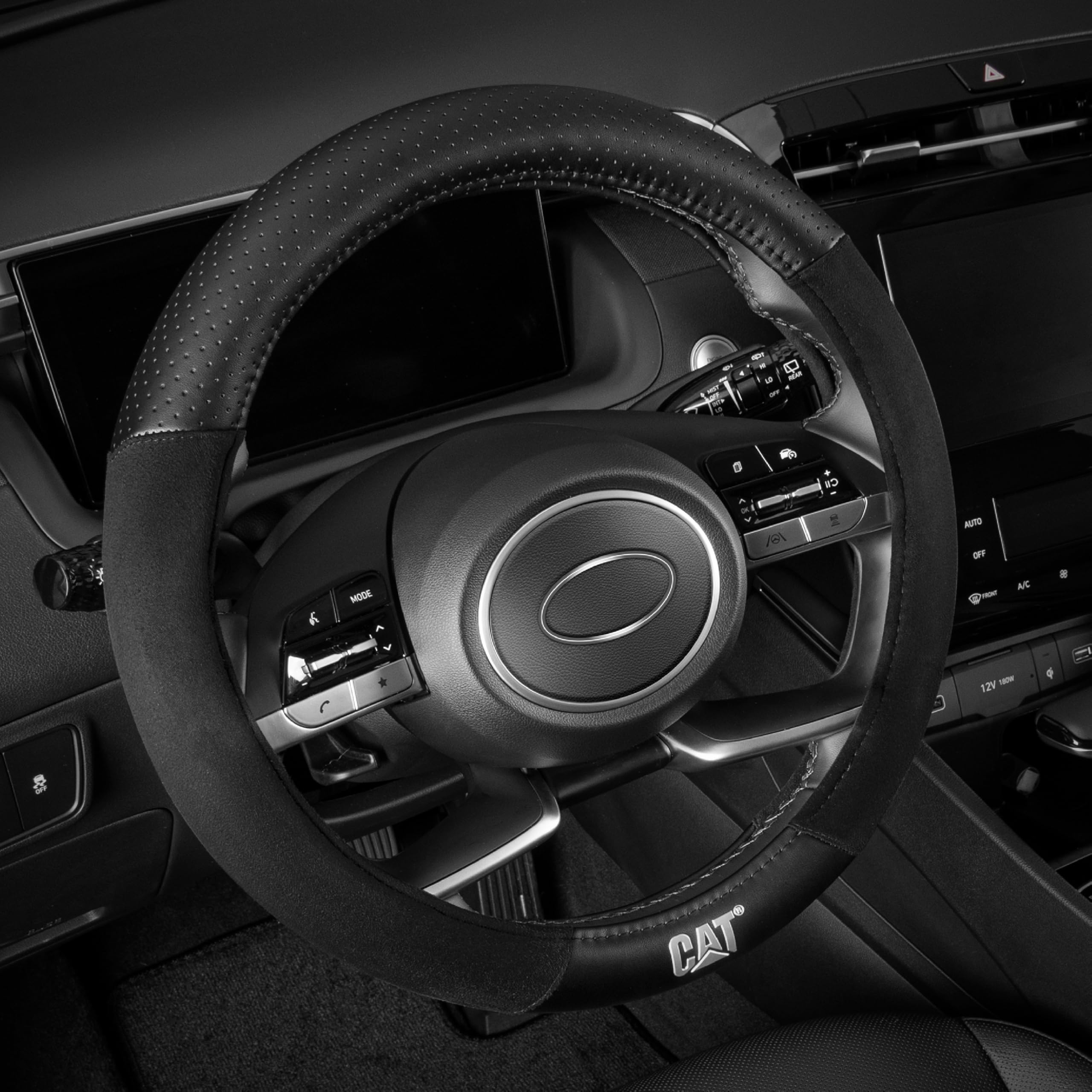 Cat Steering Wheel Cover - Suede/PU Leather Black/Gray with Chrome Logo, 14.5-15 inch - Durable and Comfortable with Advanced Gr