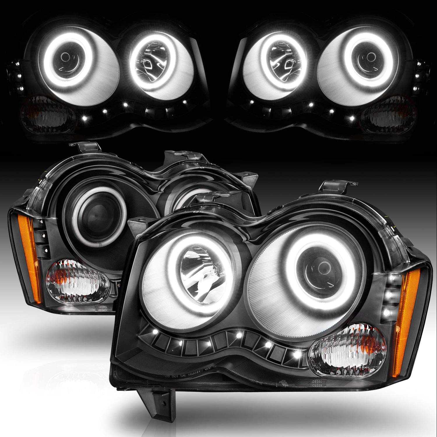 Amerilite Black Projector Replacement Headlights Xtreme Led Halo Bar Set For 2008-2010 Jeep Grand Cherokee - Passenger And Driver Side