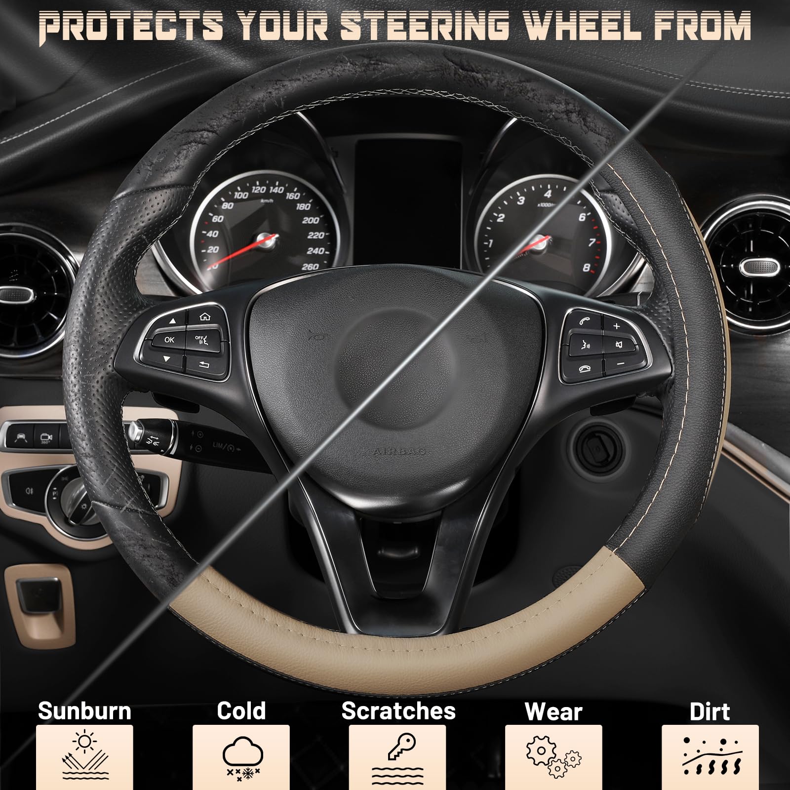 SEG Direct Car Steering Wheel Cover Universal Standard Size 14.5-15 inch, Black and Beige Microfiber Leather