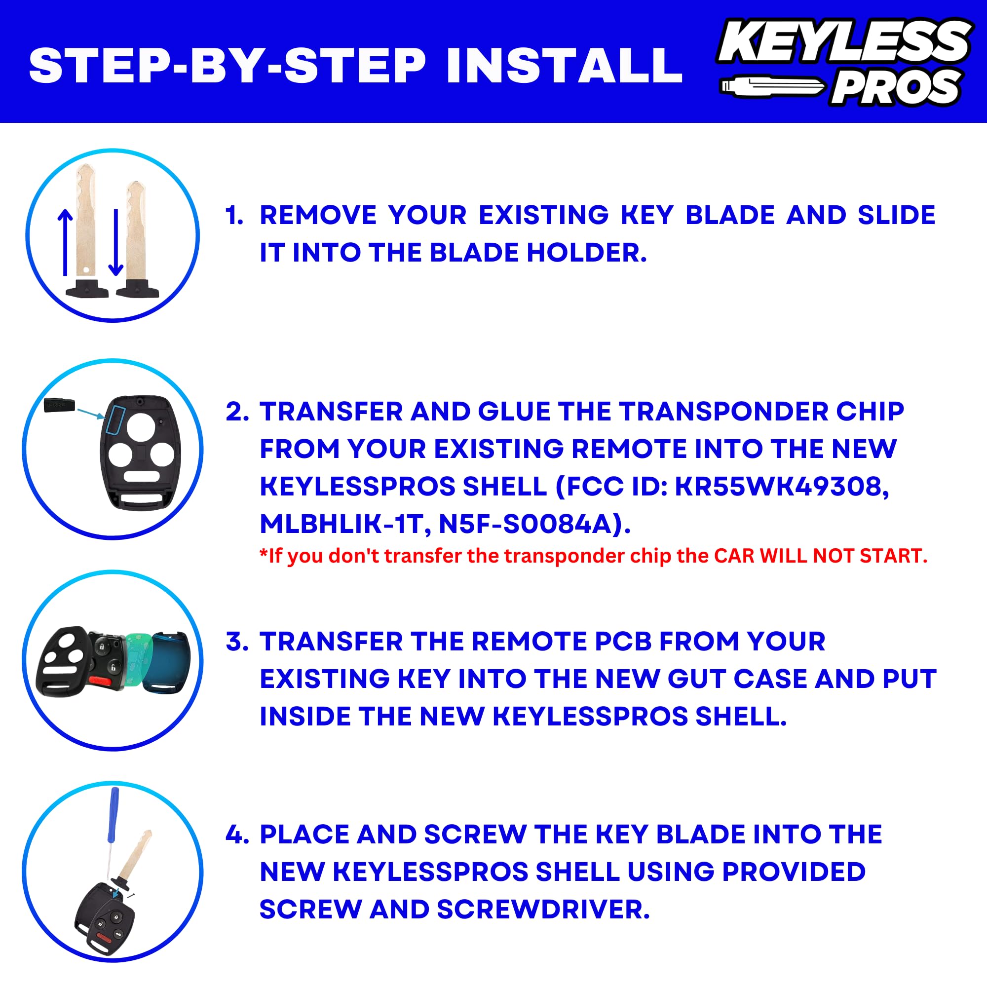 KeylessPros 4-Btn Shell Kit & Gut Case, Keyless Entry Remote Key Fob Replacement, fits 2003-2012 Honda Accord, 2006-2013 Civic E