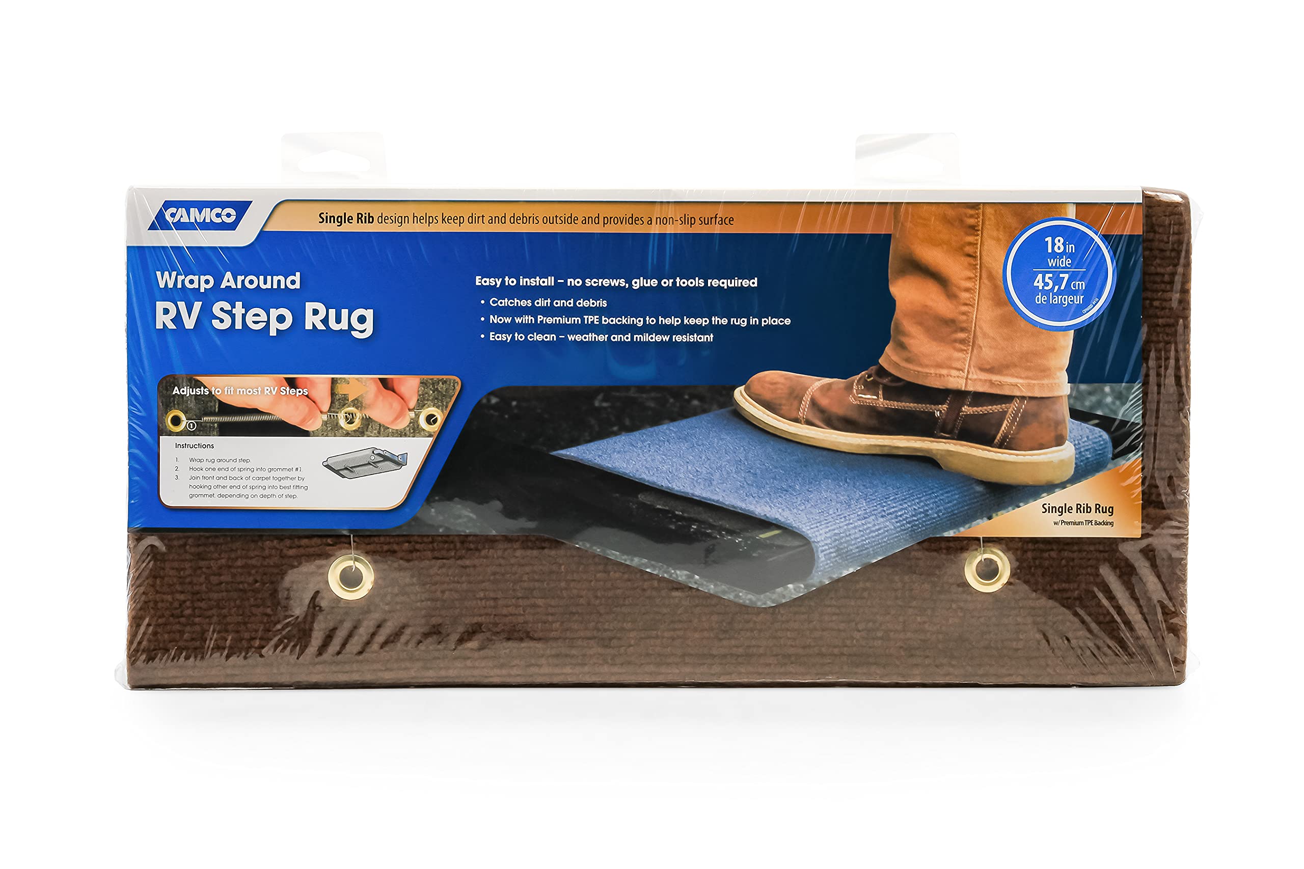 Camco Wrap Around Camper/Rv Step Rug | Features Premium Tpe Backing For More Grip On Rv Stairs | No Tool Installation | Measures