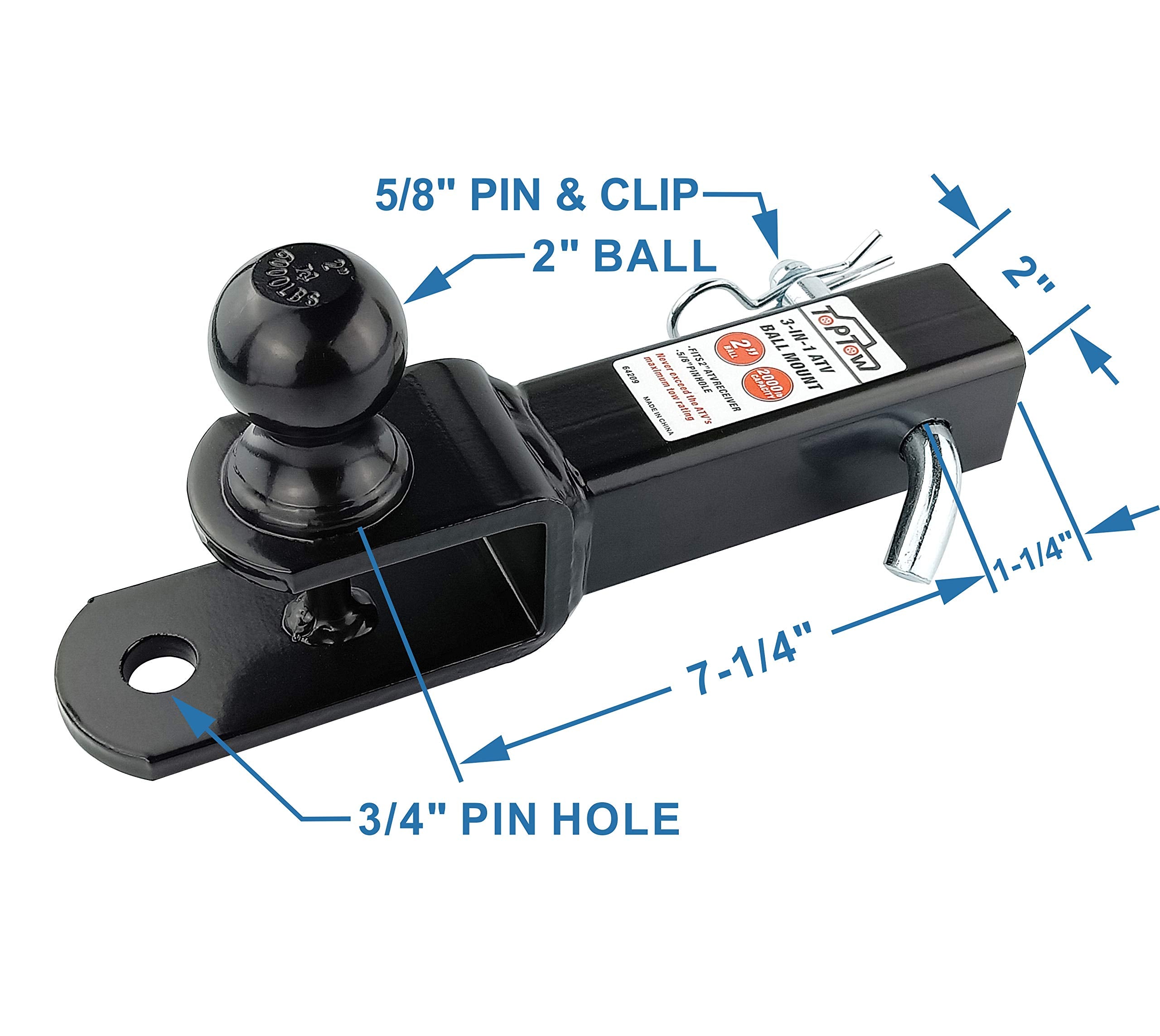 Toptow Atv/Utv Trailer Hitch Towing Ball Mounts, 2-Inch Ball, Clevis Pin, Fits 2-Inch Receiver