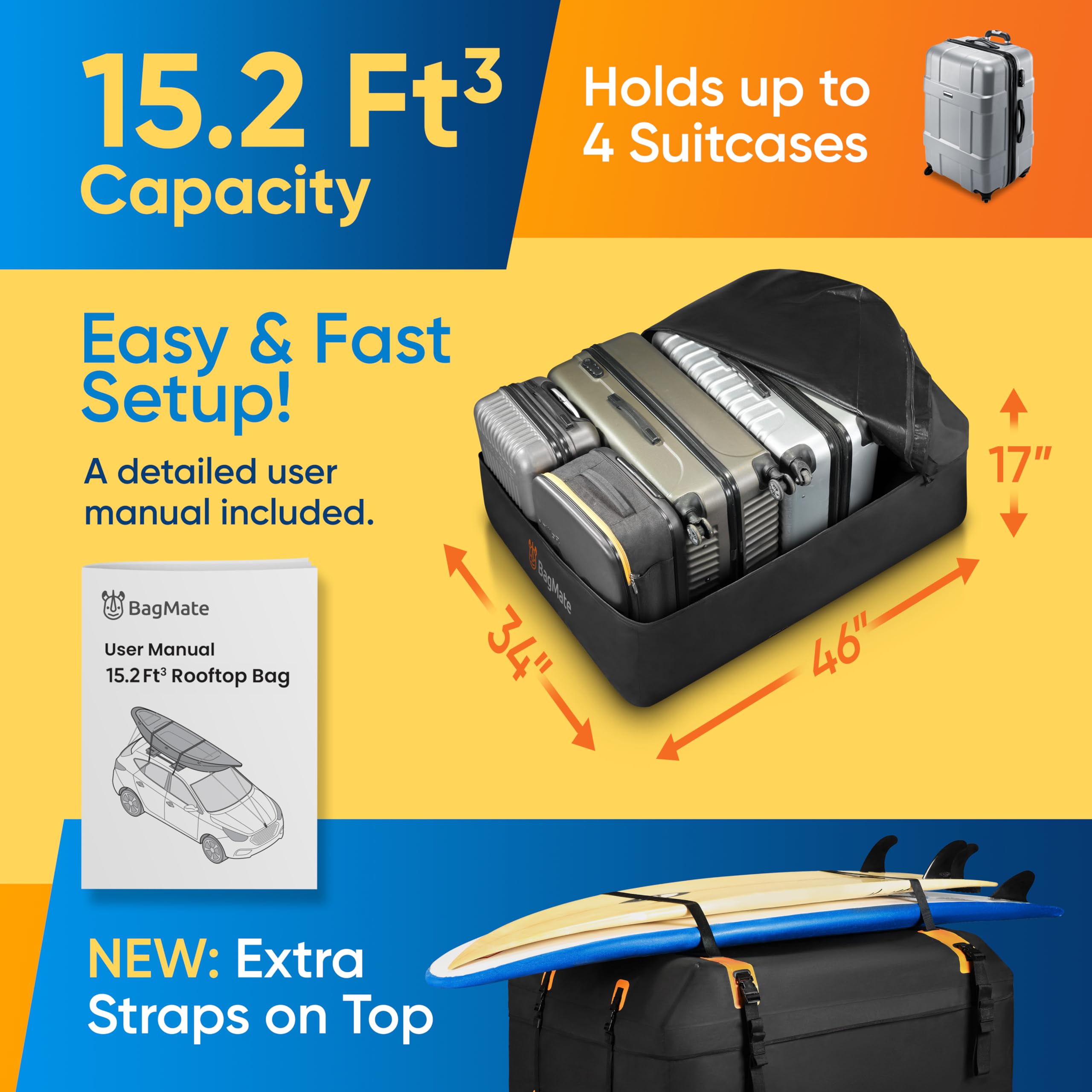 Bagmate Waterproof Car Roof Bag - Car Rooftop Cargo Carrier Bag - 15 Cubic Ft Roof Rack Cargo Carrier, Includes Anti-Slip Mat, 4