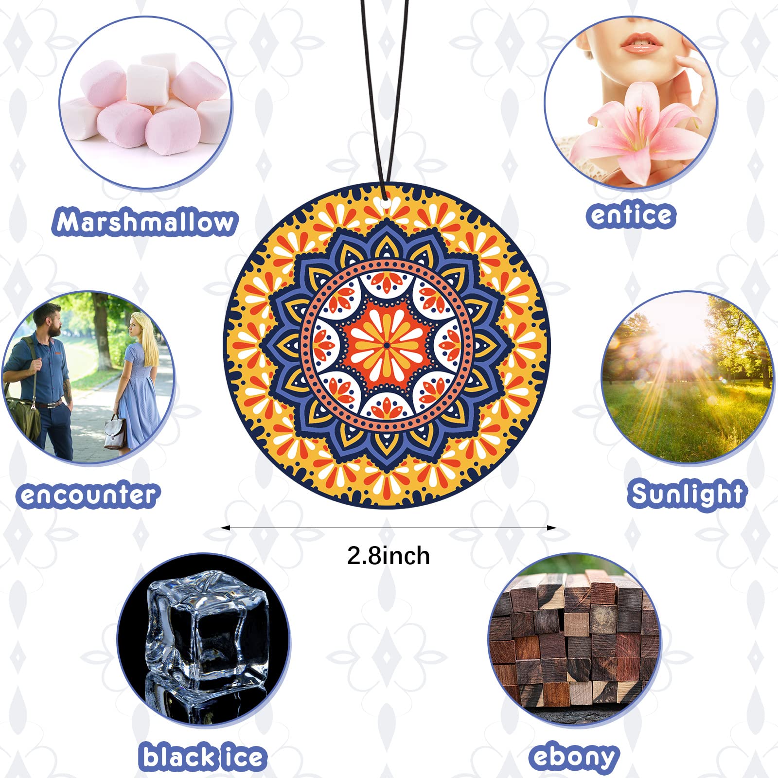 12 Pieces Mandala Car Air Fresheners, Hanging Hippie Car Accessories, Boho Style Automotive Air Fresheners Long Lasting For Women Men Auto Interior Decoration