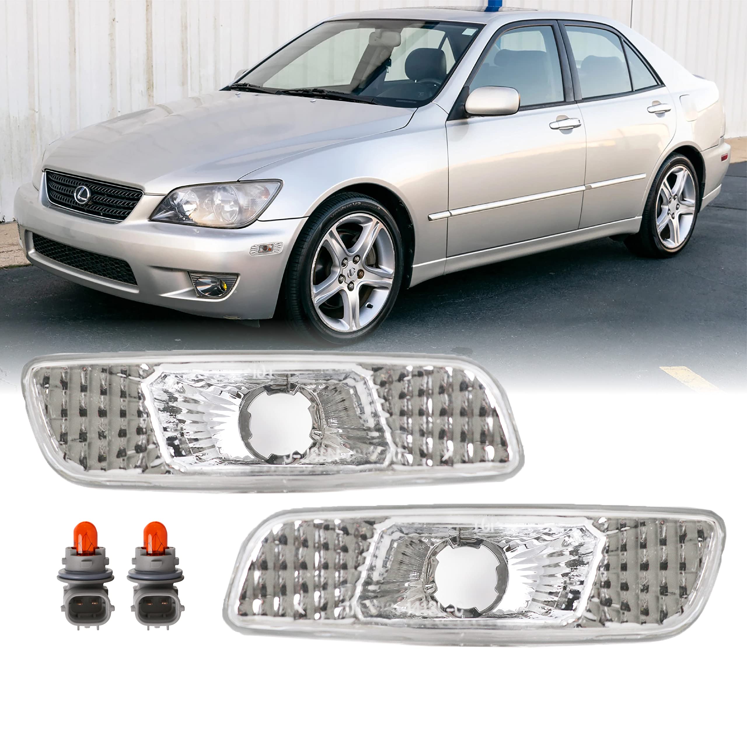 Depo Clear Lens Front Bumper Side Marker Light With Amber Bulbs Compatible With 2000-2005 Lexus Is200 / Is300 And 1998-2005 Lexus Gs300 / Gs400 / Gs430