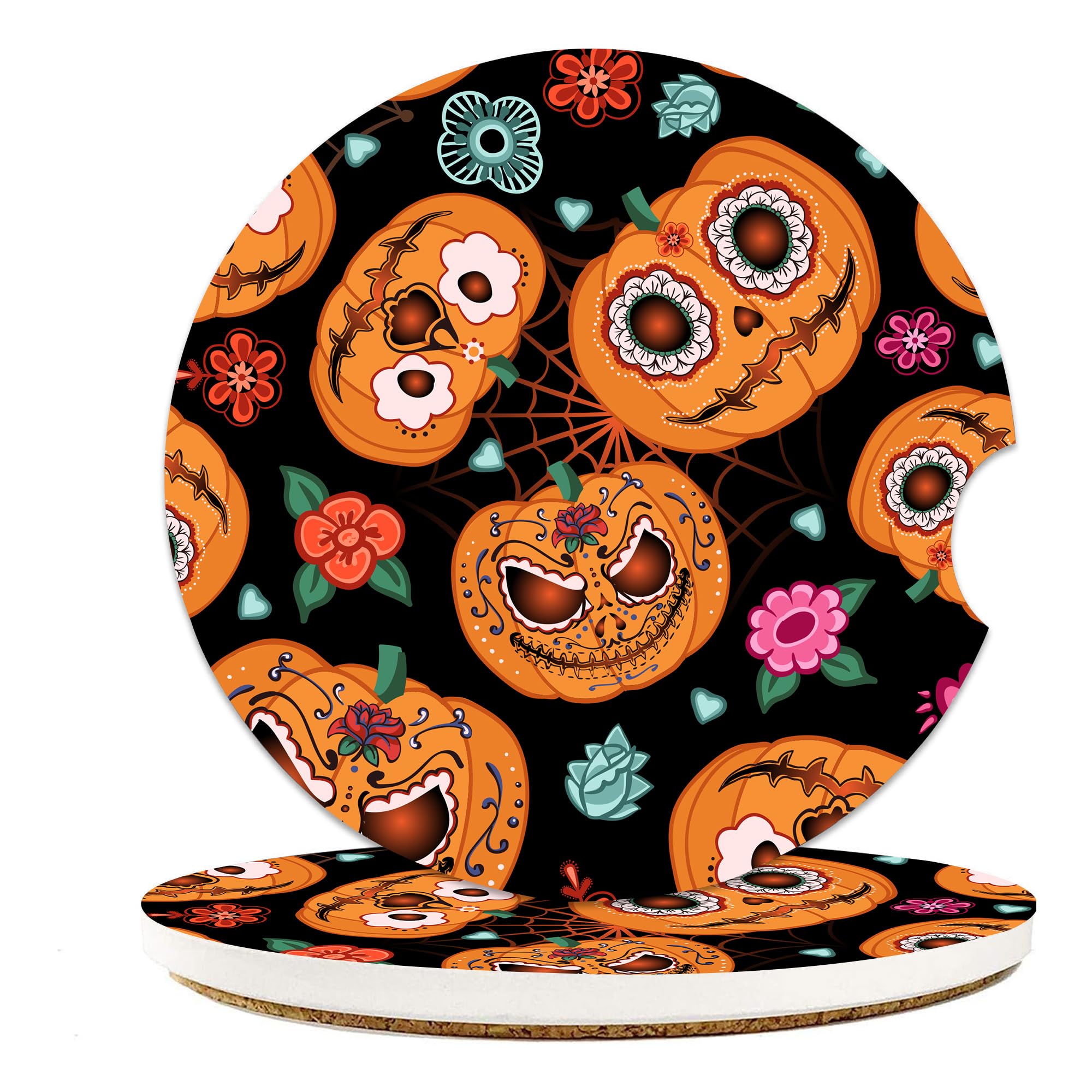 Halloween Spider Web Pumpkin Car Coasters For Cup Holders, Car Accessories, 2 Pack Absorbent Ceramic Car Cup Holder Coasters For
