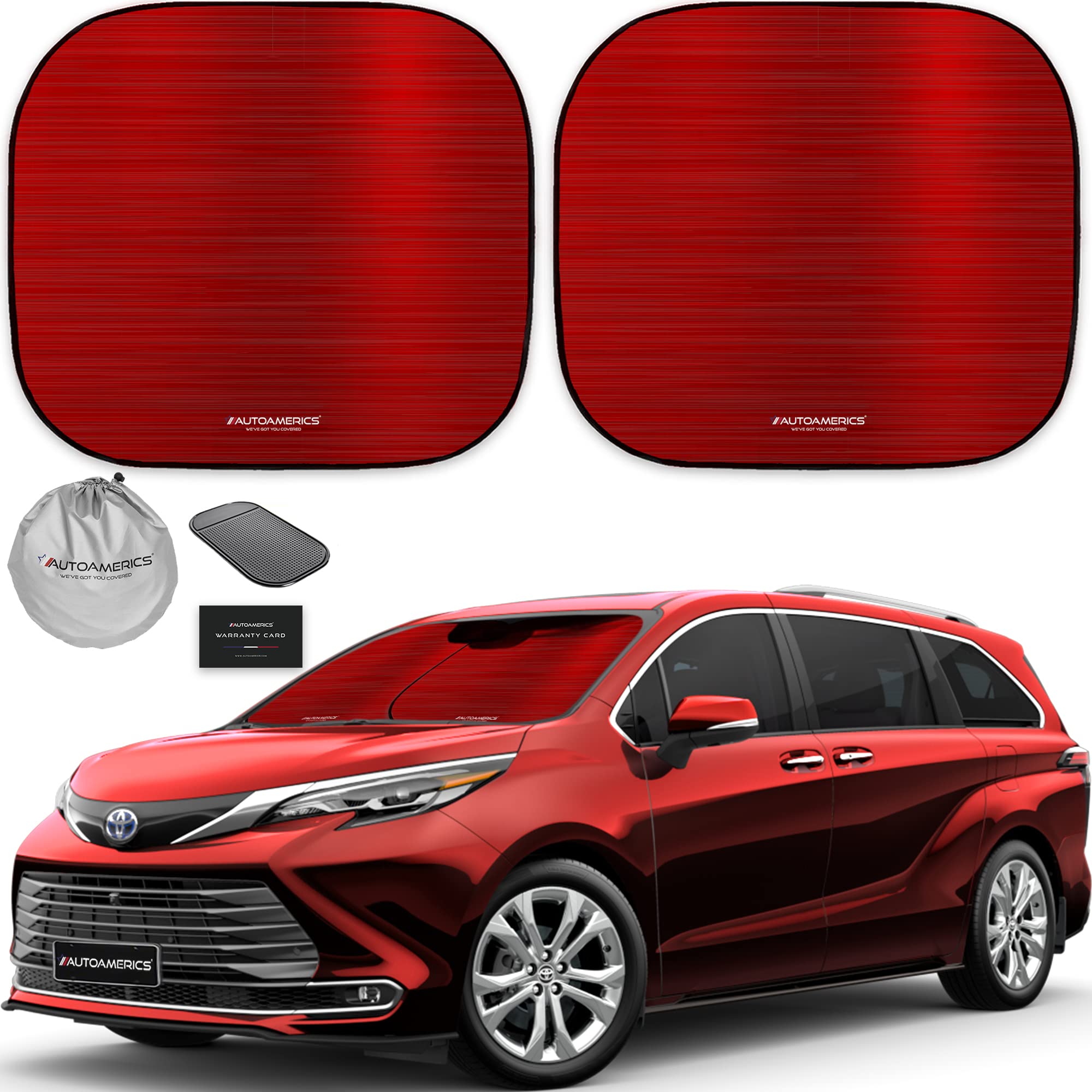 Autoamerics 2-Piece Windshield Sun Shade - Metallic Red Foldable Car Front Window Sunshade for Most Cars SUV Truck - Heat Blocke