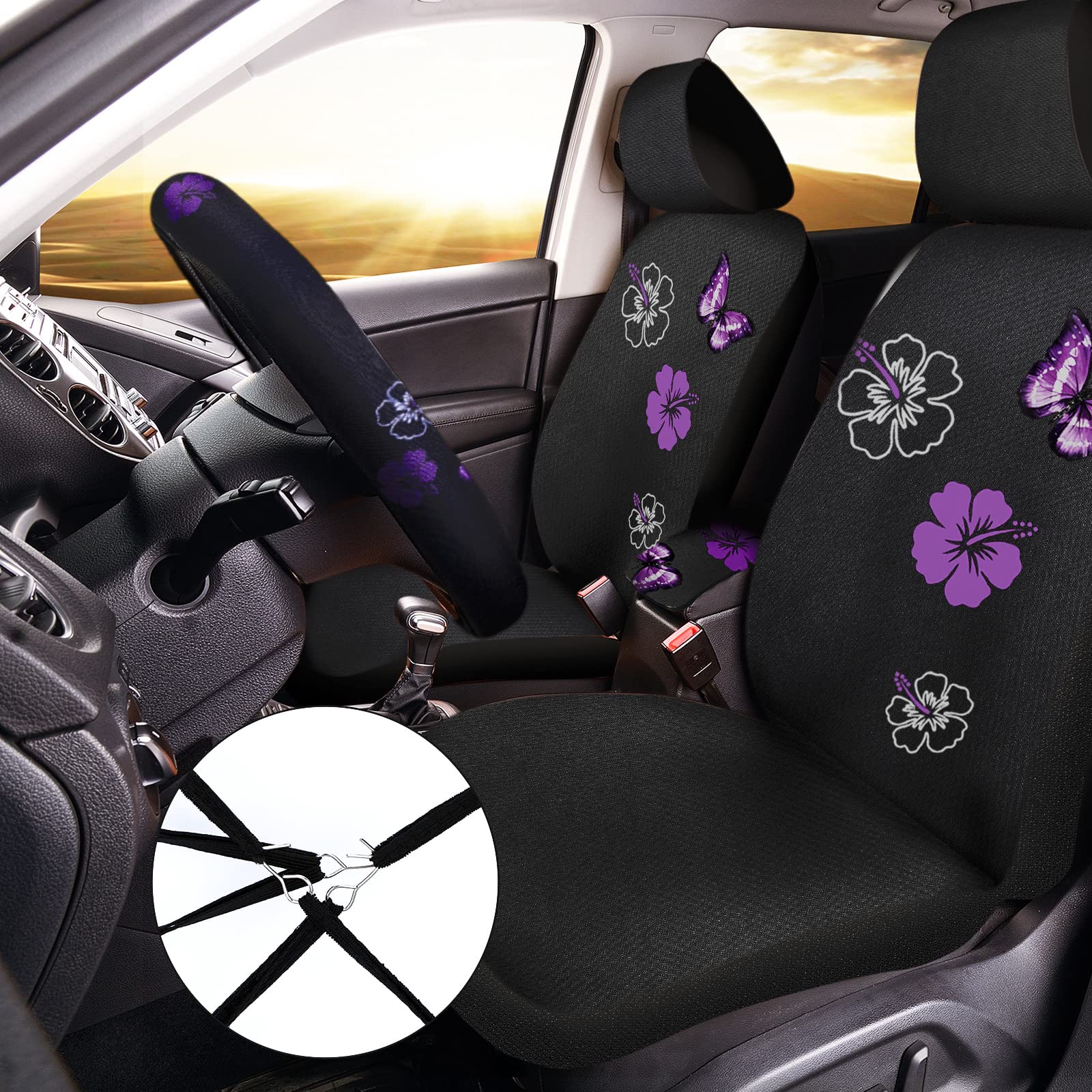 15 Pcs Full Set Butterfly Car Seat Covers for Front Rear Steering Wheel Cover Wrist Strap Coasters Armrest/Shoulder Pads in Butt