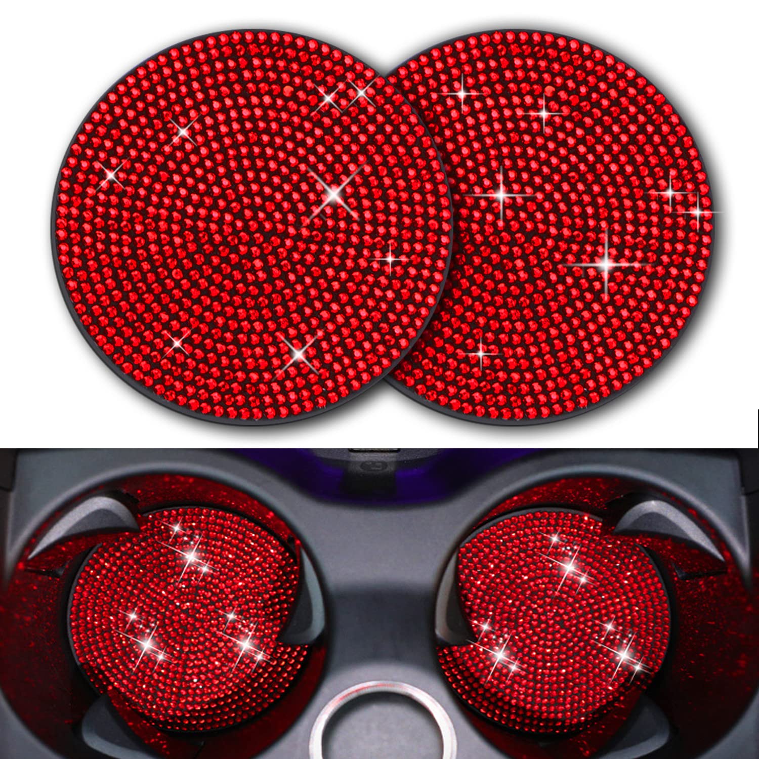 2Pcs Bling Cup Holder Insert Coaster- 2.75 Inch Silicone Anti-Slip Shockproof, Universal Fashion Car Interior Accessories For Women (Red)