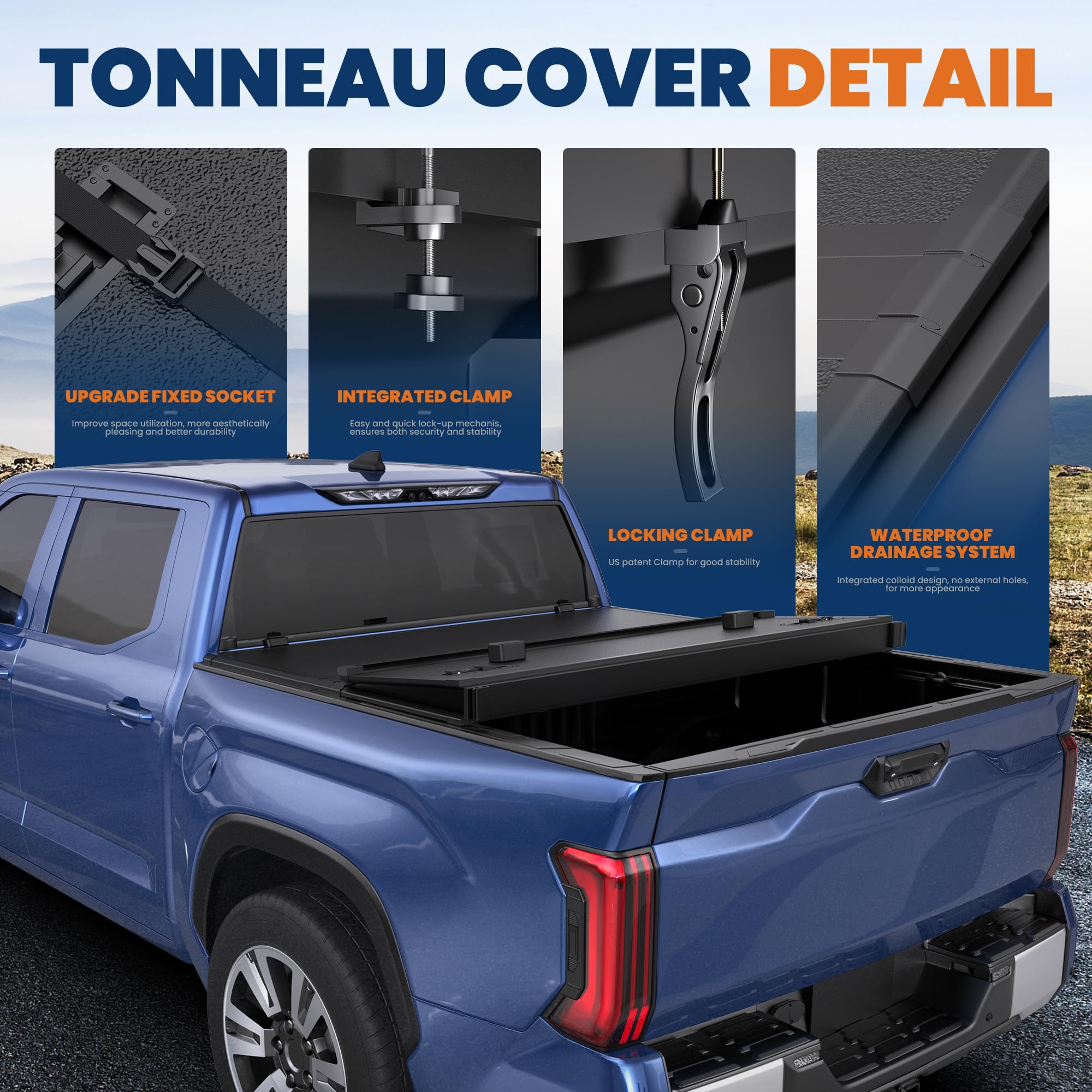 KUIPERAUTO Fiberglass Tri Hard Tonneau Cover Compatible for 2014-2021 Toyota Tundra Fleetside Truck Bed Cover - 5.5 FT Bed On To