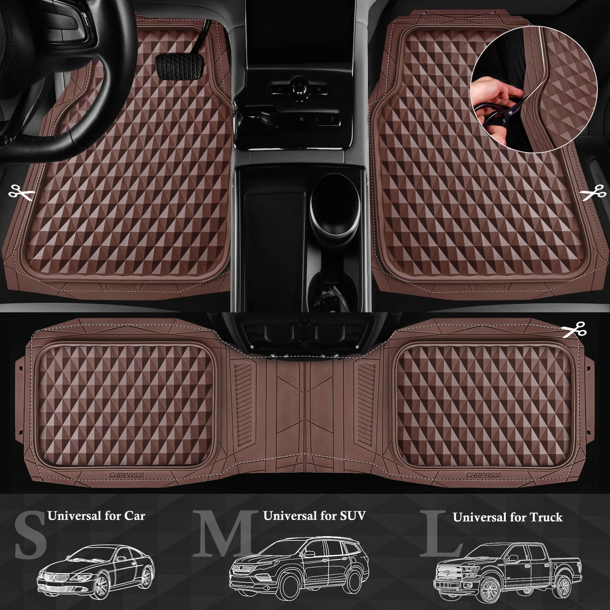 Car Pass Heavy Duty Rubber Car Mats, Deep Dish All-Weather Floor Mat For Car Full Set Durable Anti-Slip 3D Rhombus Waterproof Tr