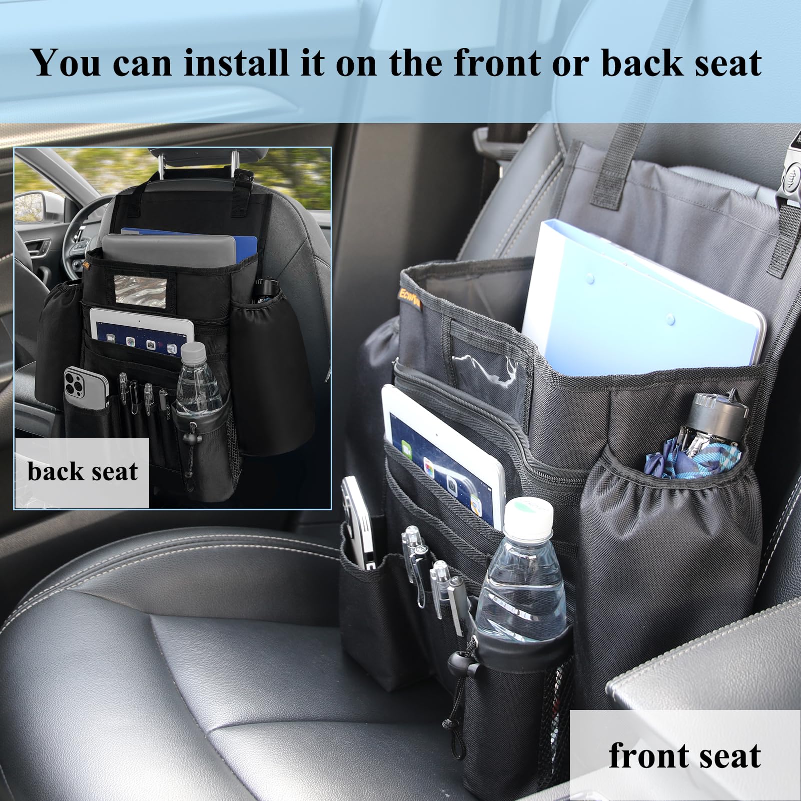 ECWKVN Front Seat Organizer - Black Passenger Seat File Organizer with Laptop Holder & Cup Holder for Cars, Ideal for Law Enforcement