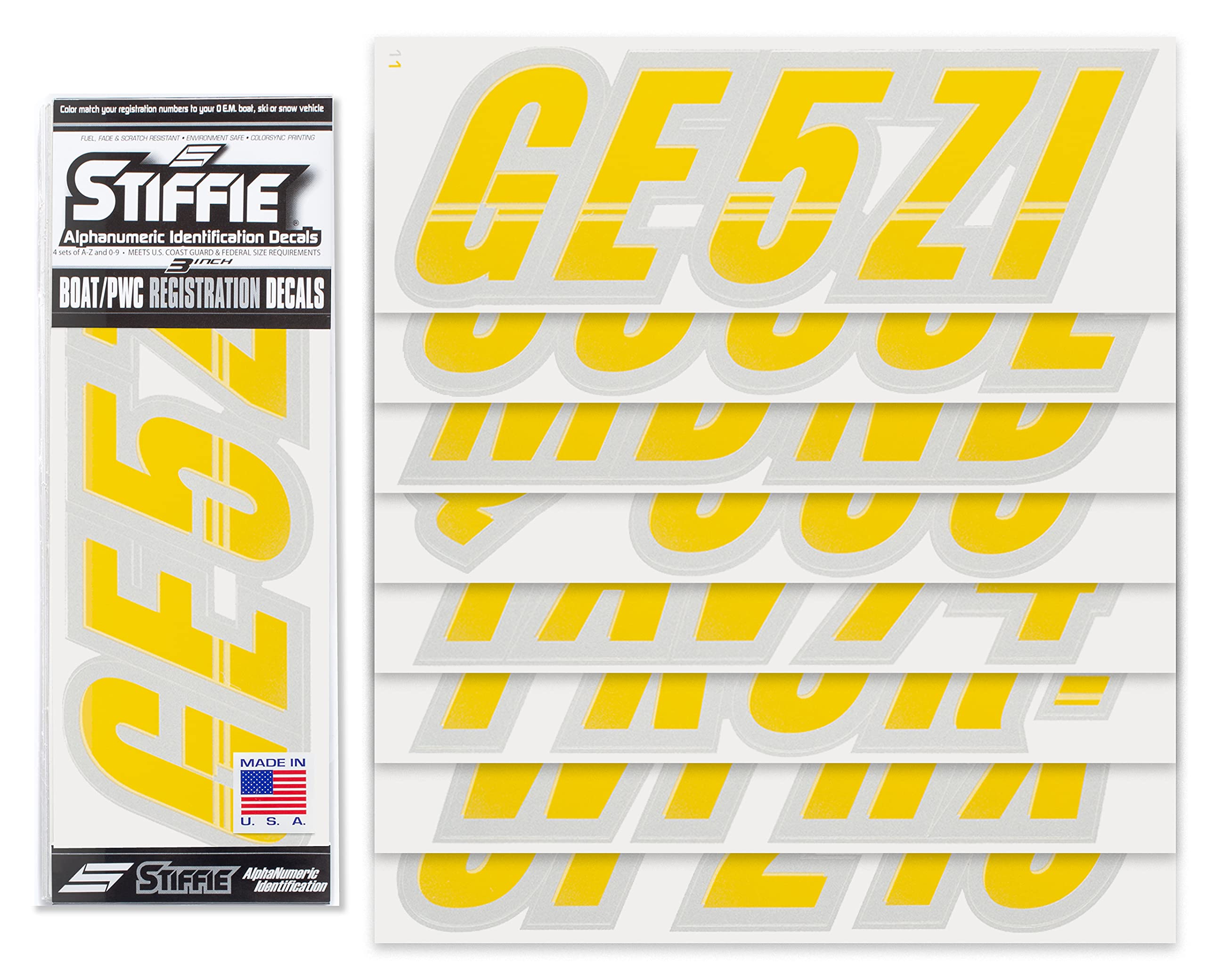 Stiffie Techtron Yellow/Silver 3 '' Boat & Pwc Registration Decals  Numbers Letters Stickers