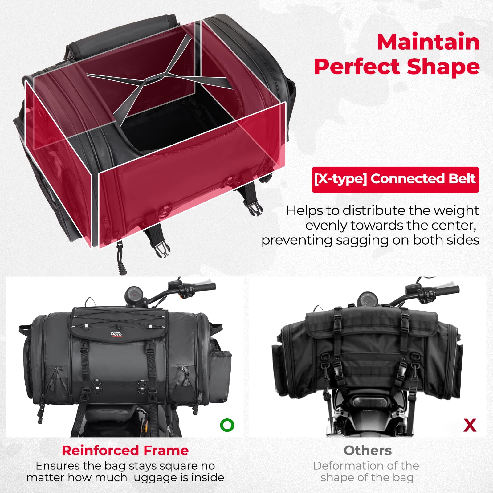 Kemimoto Motorcycle Travel Luggage Bags, 60L Expandable Large Capacity Motorcycle Tail Bag, Waterproof Rear Rack Trunk, Motor Pannier Bag With Rain Cover And Straps