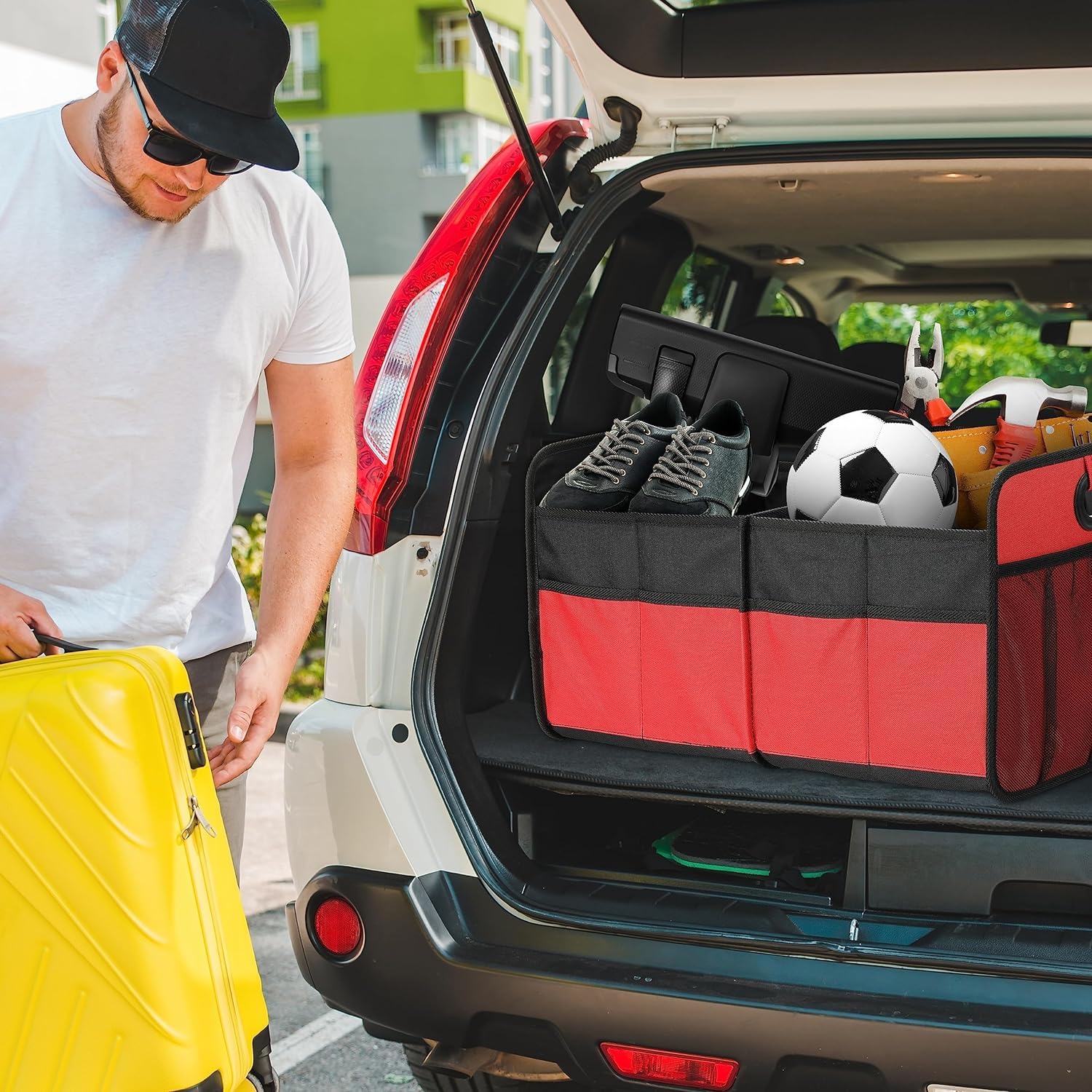 Simple Deluxe Trunk Organizer For Car/Suv/Truck, Collapsible 2 Compartment 50L Automotive Storage Box With 5 Pocket, 600D Waterp