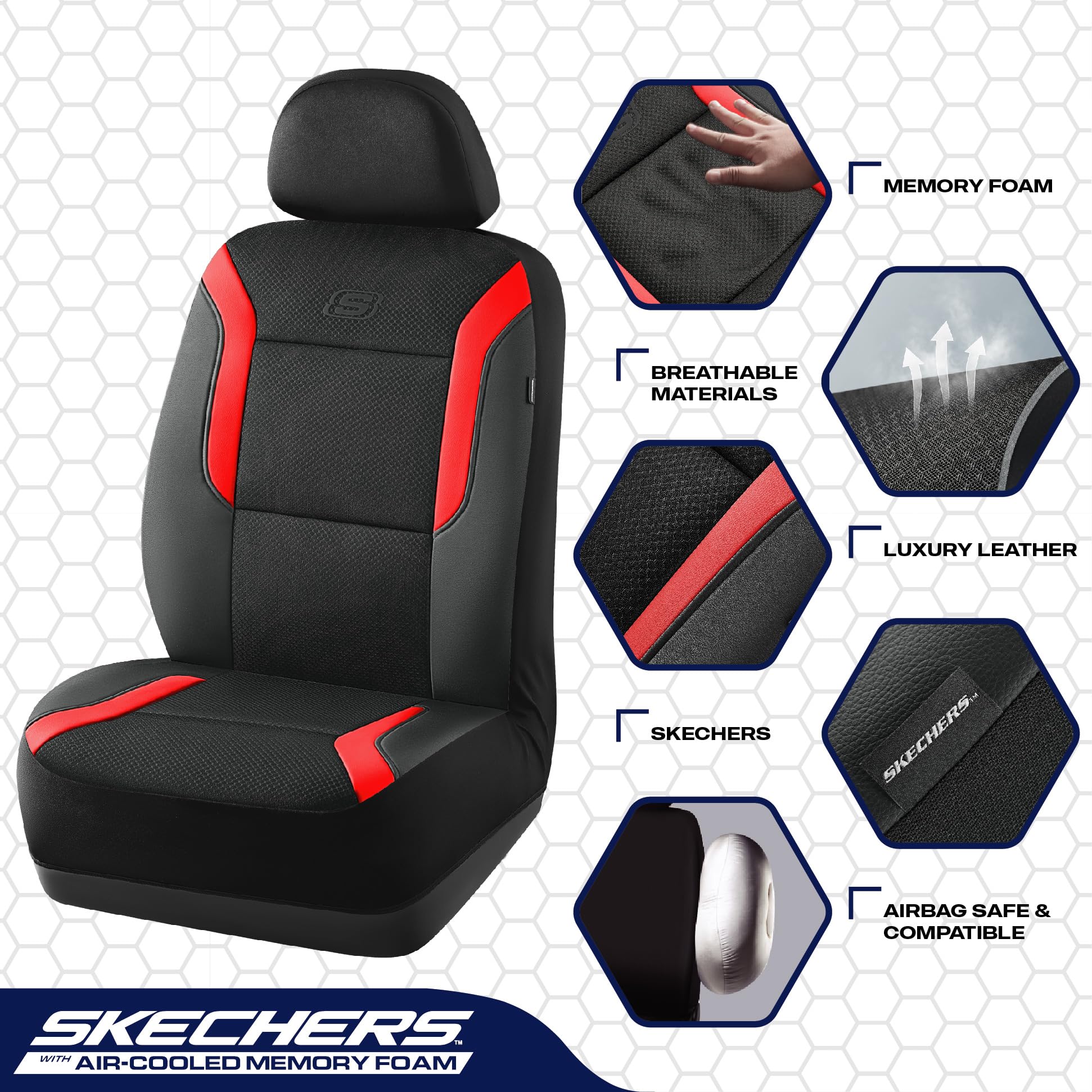 Skechers Memory Foam Car Seat Covers, Air Cool Mesh Thick Seat Covers, Car Seat Protector Full Sets, Airbag Compatible, Automoti