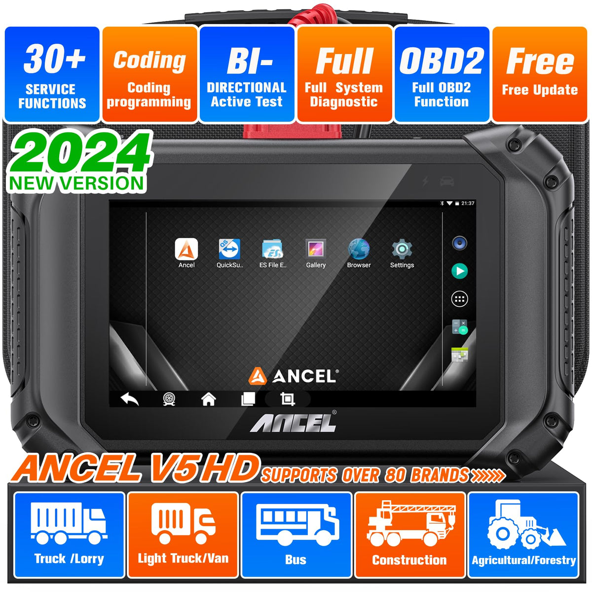 Ancel V5 Hd Heavy Duty Truck Scanner,2024 Elite Bidirectional Diesel Diagnostic Scan Tool Ecu Coding,40+ Resets Full System Diag