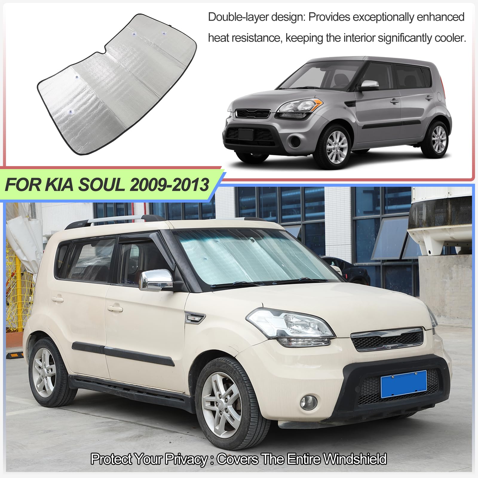 Front Windshield Sunshade For Kia Soul 2009-2013, Custom Fit Windshield Sun Shade, Foldable Reflective Sun Visor, Screen Shield Cover Uv Blocker Protector Heatshield Keeps Your Vehicle Cool (Silver)