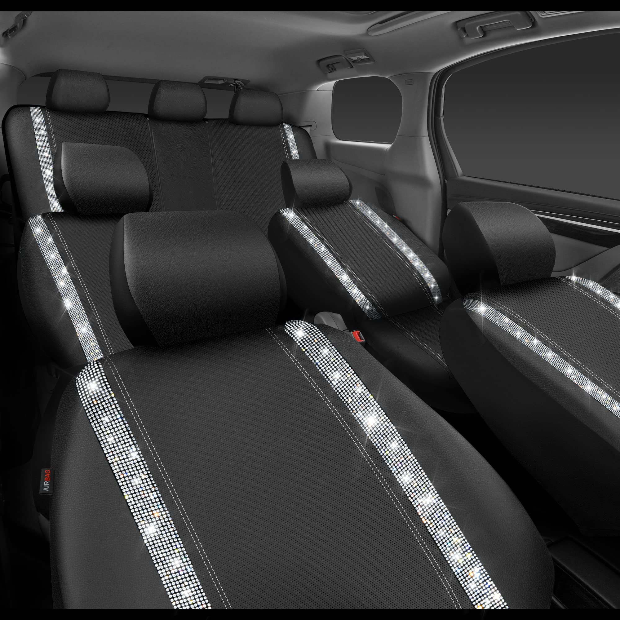 CAR PASS Bling Car Seat Covers, Shining Rhinestones Diamond Waterproof Faux Leather, 7 Seats 3 Rows with Zipper Glitter Crystal