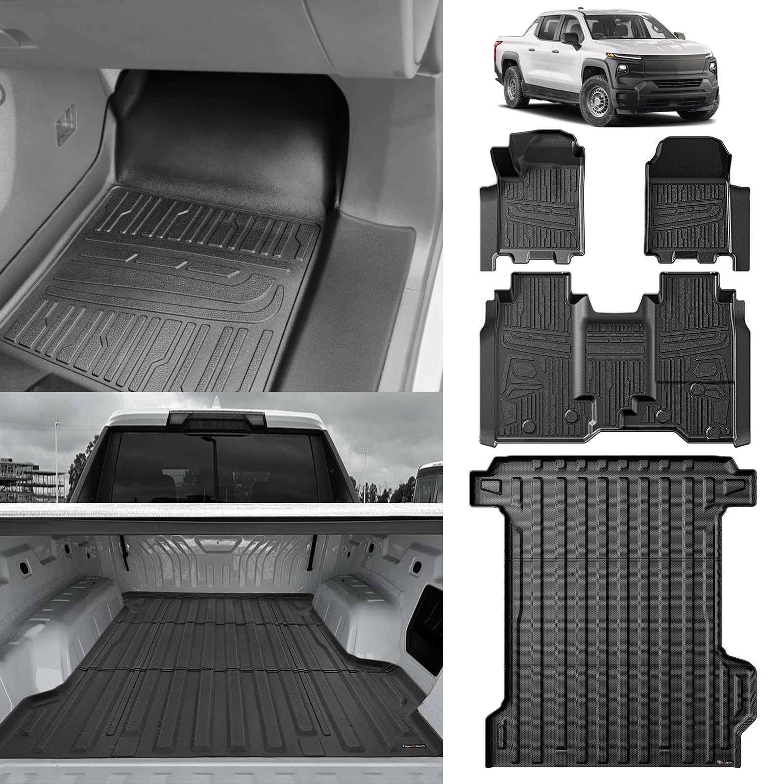 Triplealiners Floor Mats & Truck Bed Mat All Weather Liners Front Rear Full Set Compatible With 2024 2025 Chevrolet Silverado Ev