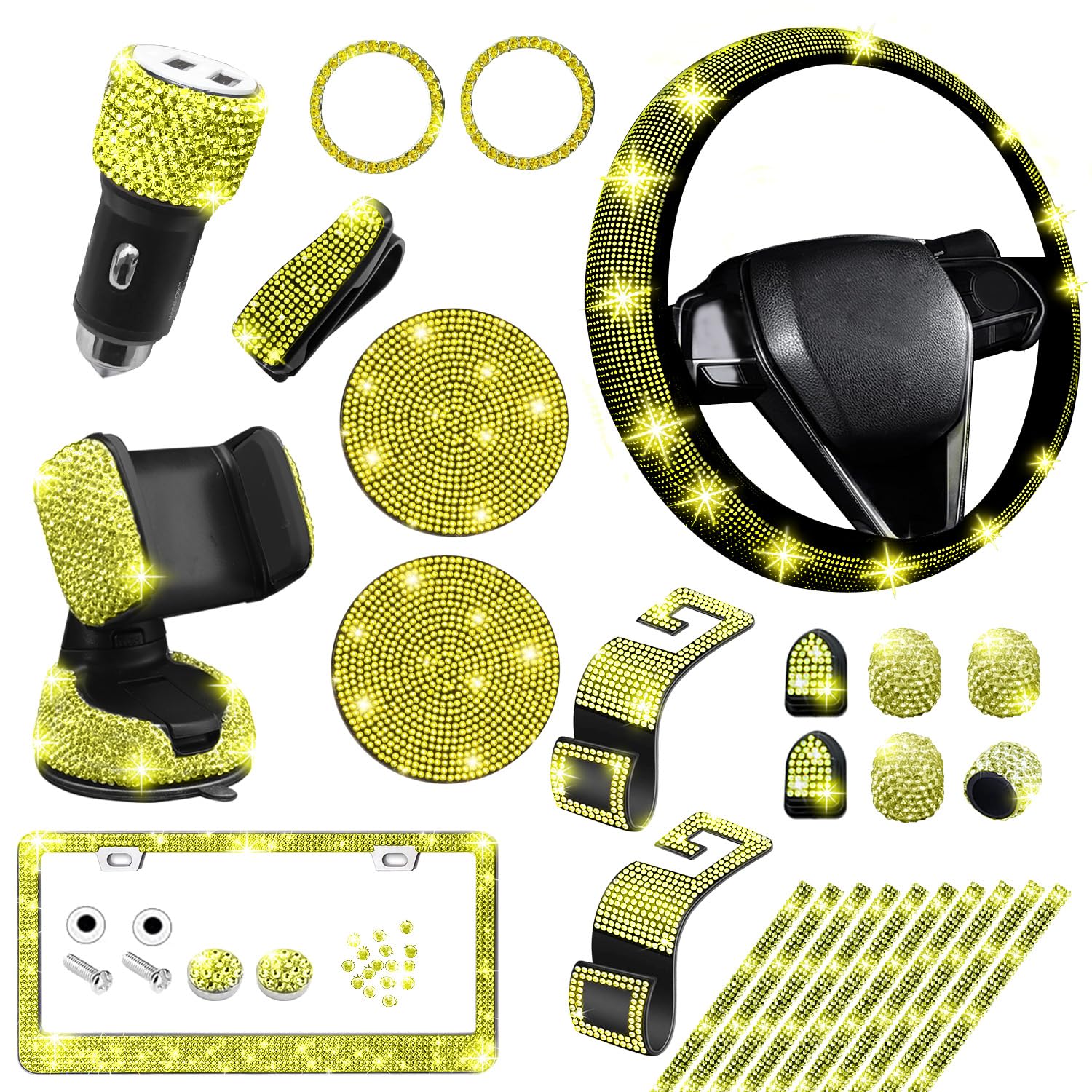 Nbtepem 27-Piece Yellow Bling Car Accessories Set - Universal Fit Steering Wheel Covers, License Plate Frame, Phone Holder, Car