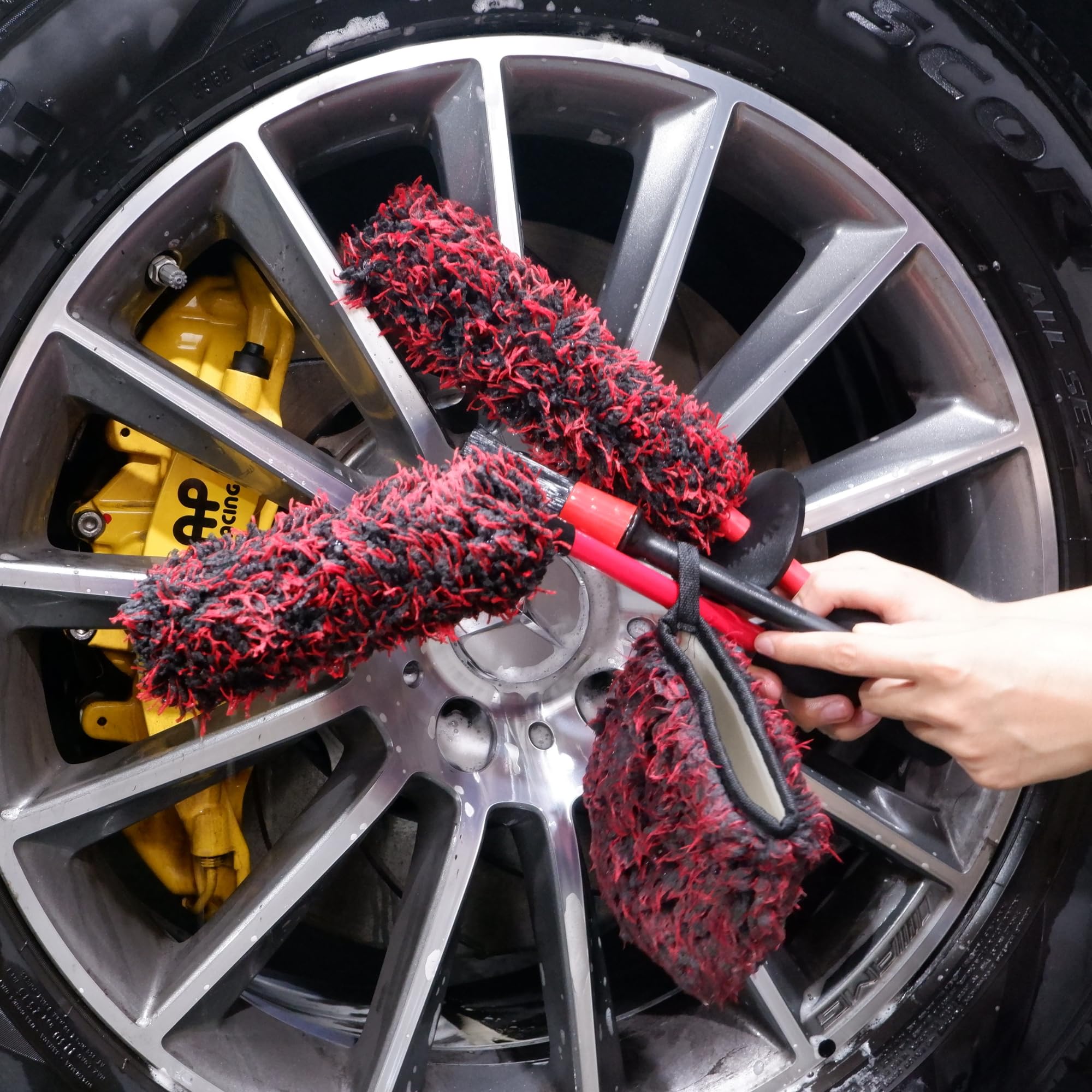 Oesee Metal Free Microfiber Wheel Brush Kit- Microfiber Angled Wheel Brush, Long Handle Wheel Brush, Tire& Detailing Brush, Whee