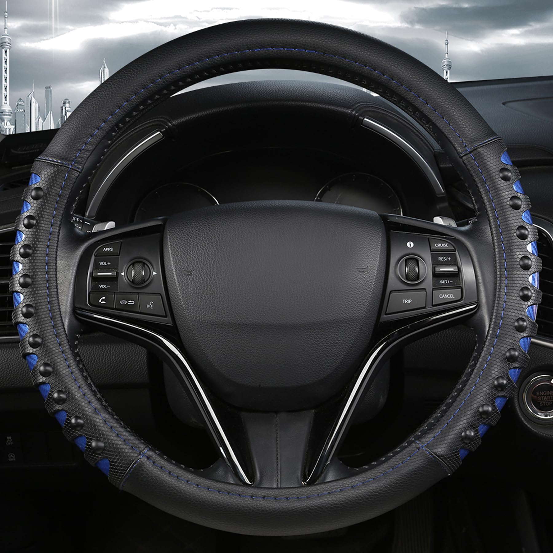 West Llama Microfiber Leather Car Steering Wheel Cover For Men Women,Universal Fit 15.5-16 Inch(Leather Nails-Blue+Black-Large S