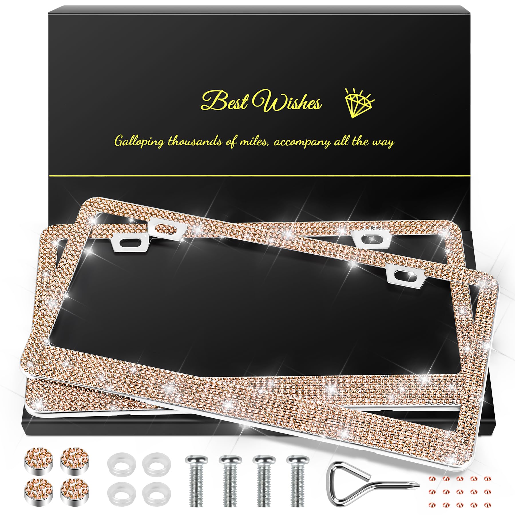 Quanqiufei 2 Pack Bling License Plate Frames For Women, Sparkly Rhinestone Diamond Car Accessories With Glitter Crystal Caps (Ch