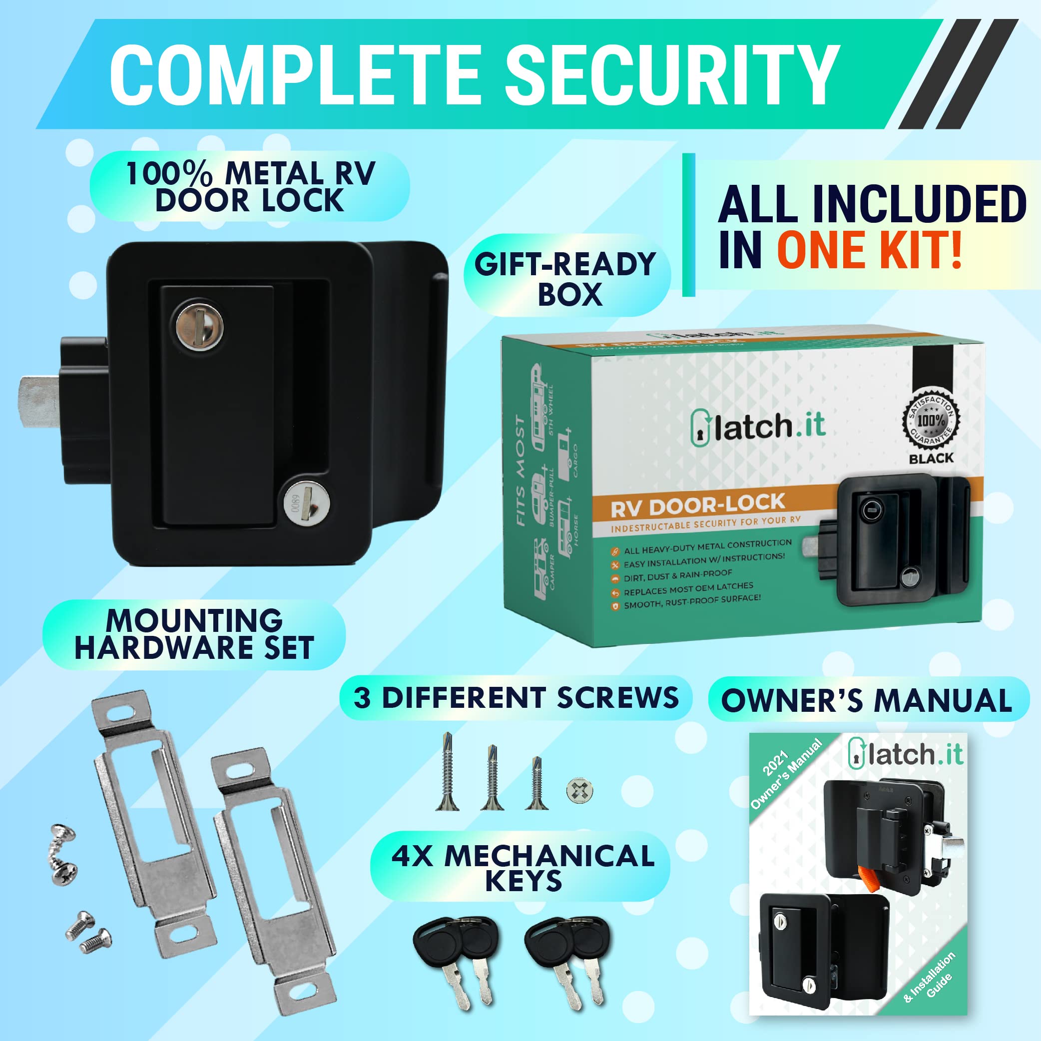 LATCH.IT Black RV Door Latch | 2 Keyed Alike RV Door Locks for Travel Trailers | Travel Trailer Door Latch | 100% Metal Camper D