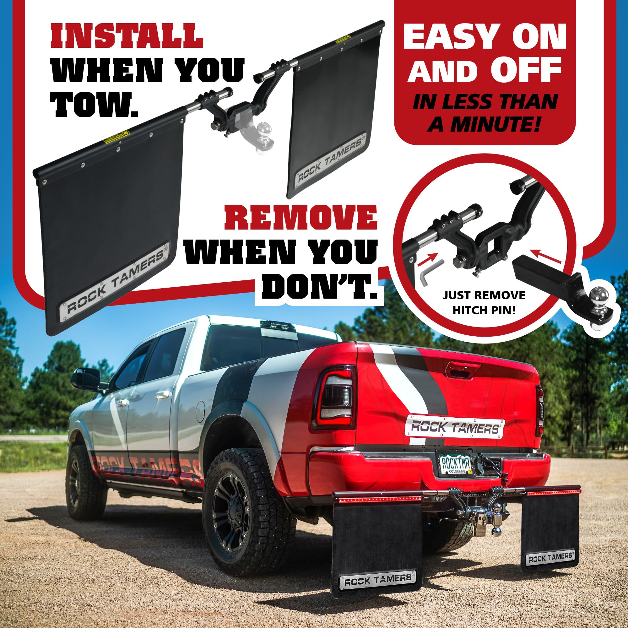 Rock Tamers Hitch Mounted Mud Flap System - 2.5" Receiver, Matte Black/Stainless Steel, Model 00110, Adjustable & Removable