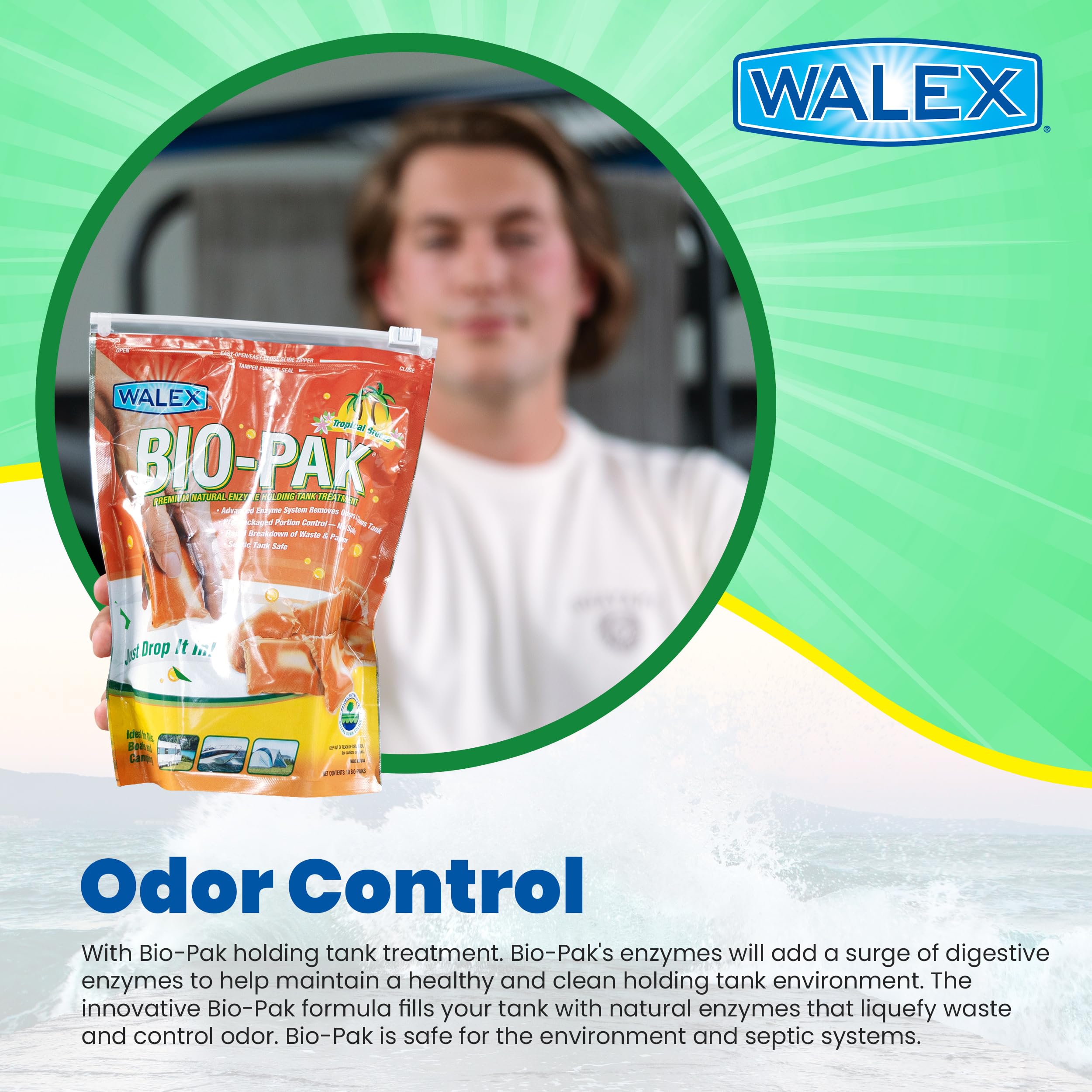 Walex Bio-Pak Black Holding Tank Deodorizer & Waste Digester Drop-Ins - Advanced Enzyme Formula For Rapid Breakdown Of Waste & Paper, Removes Odors & Cleans Tank; Tropical Breeze, 10-Pack