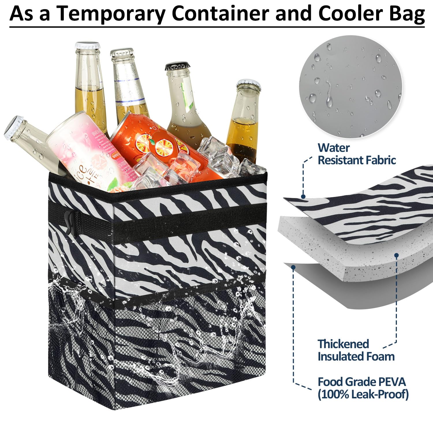 Elongriver Car Trash Can For Car With Lid, Car Organizer Can Trash Bag Hanging Leak Proof Vehicle Trash Can Zebra