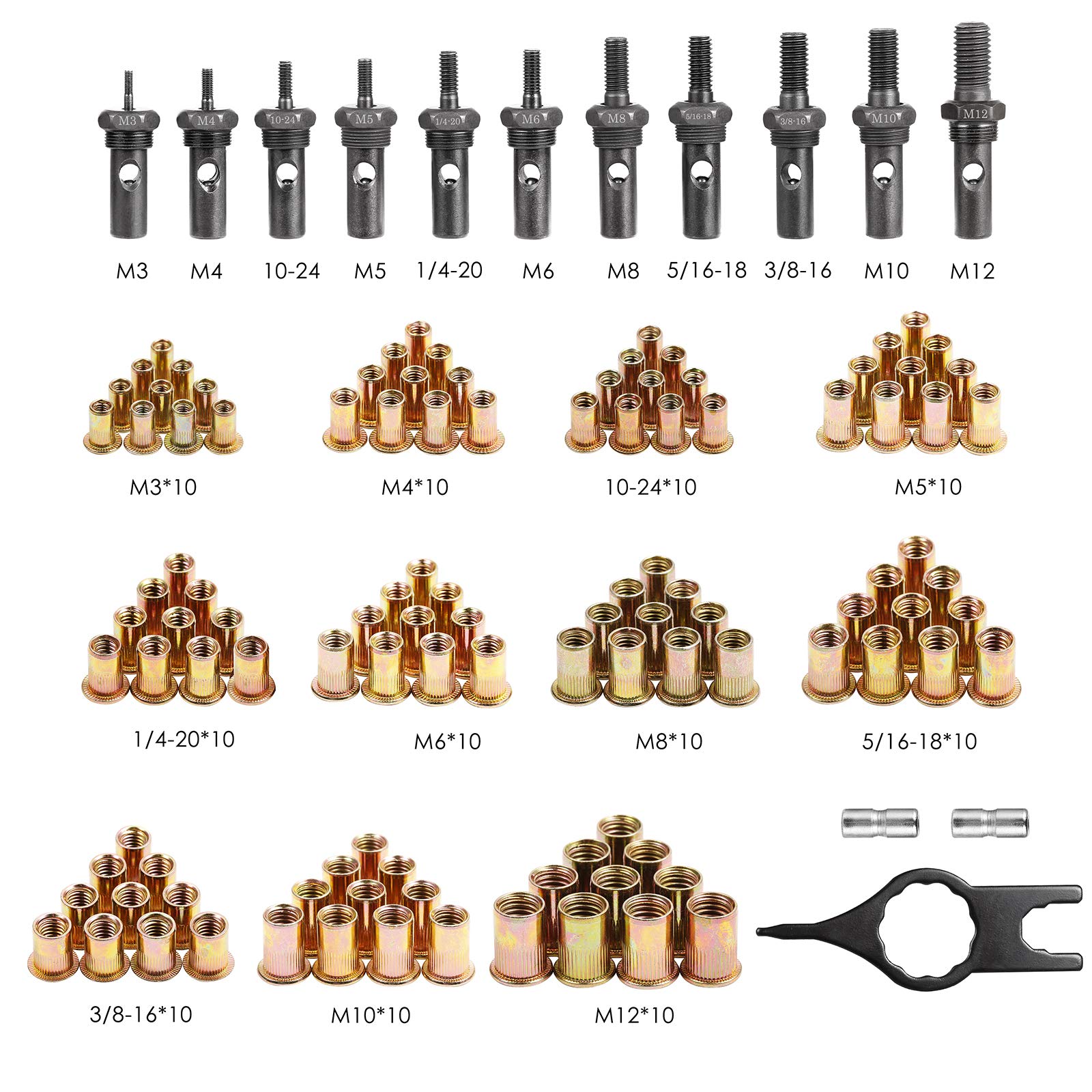 Wetols 16'' Rivet Nut Tool, Professional Rivet Nut Tool Kit With 11 Metric & Inch Mandrels M3 M4 M5 M6 M8 M10 M12, 10-24, 1/4-20