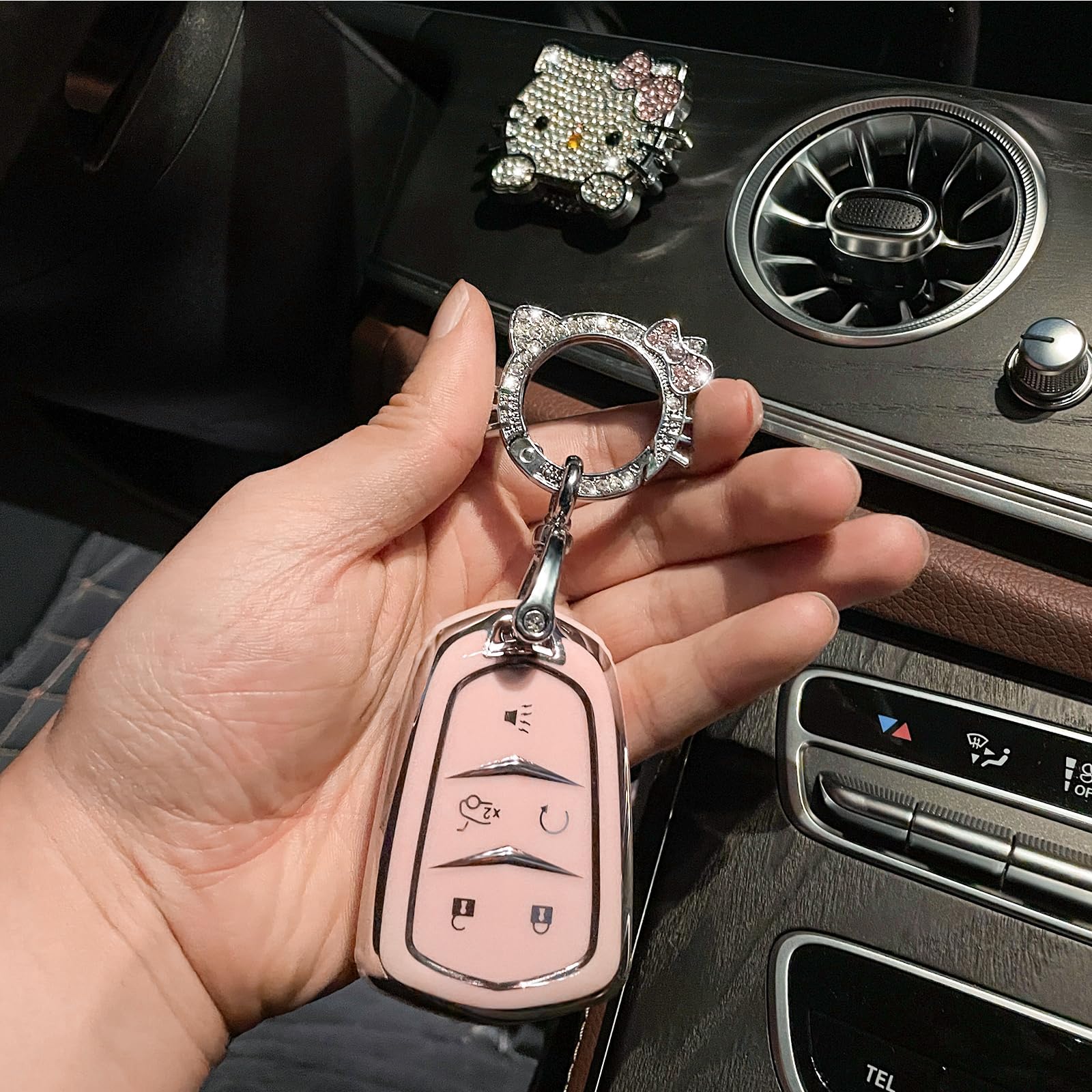 Pangpai Pink Car Accessories 3 Pcs For 5 Buttons Cadillac Escalade Cts Srx Xt5 Ats Ct6 Key Fob Cover With Bling Keychain Cute Pu