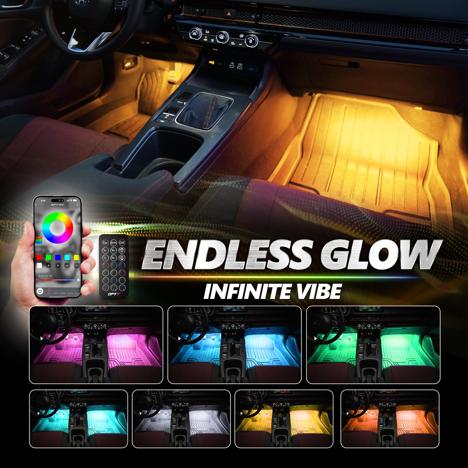 Opt7 Aura Pro Interior Car Lights With App & Remote Control, Rgb Color Change, Music Sync Inside Ambient Lighting Kit, Car Suv V