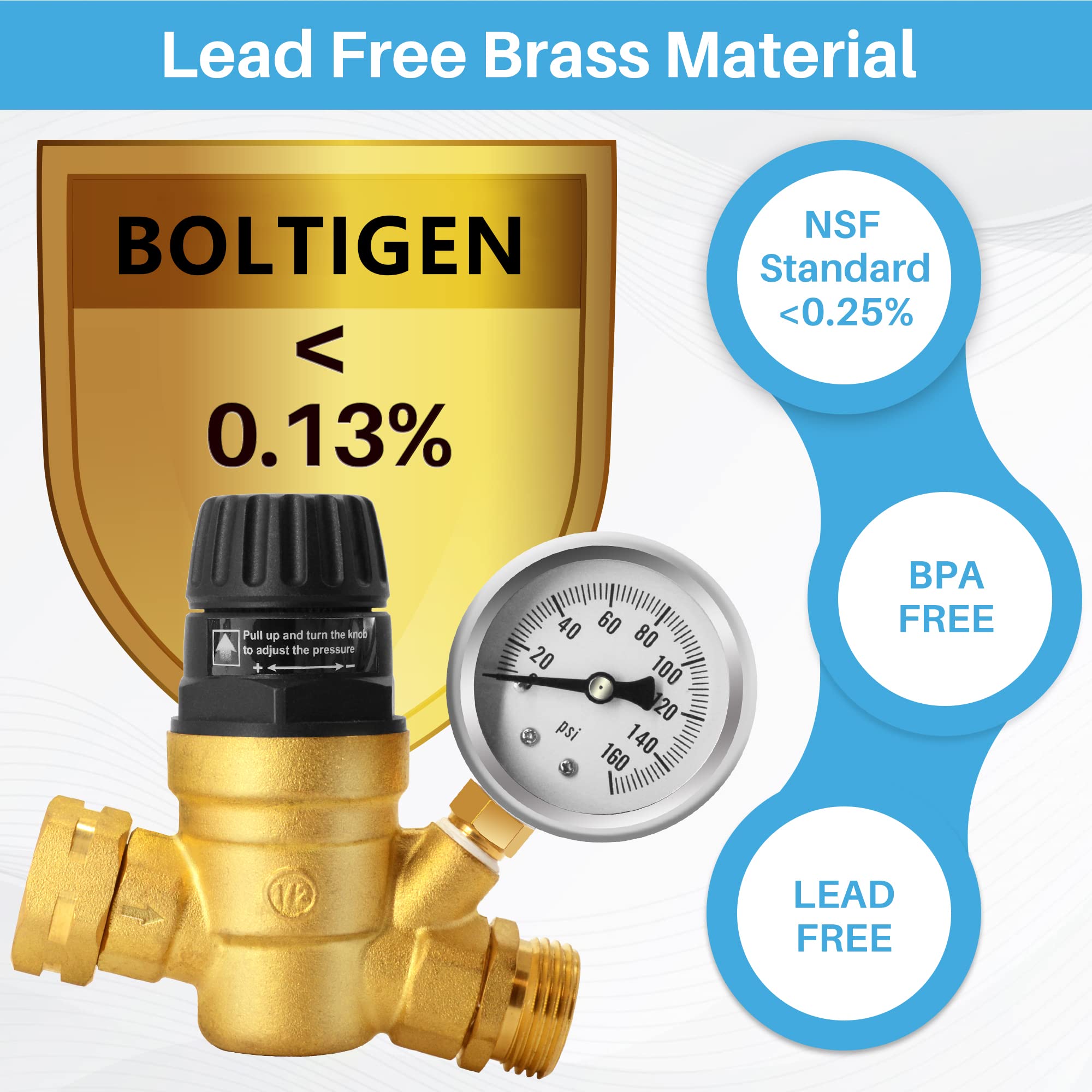 Boltigen Handle Adjustable Rv Water Pressure Regulator With Gauge, 3/4’’ Ght 160Psi Lead-Free Brass Rv Pressure Reducing Valve With 4 Inlet Screened Filters For Rv Camper, Travel Trailer, Garden Hose