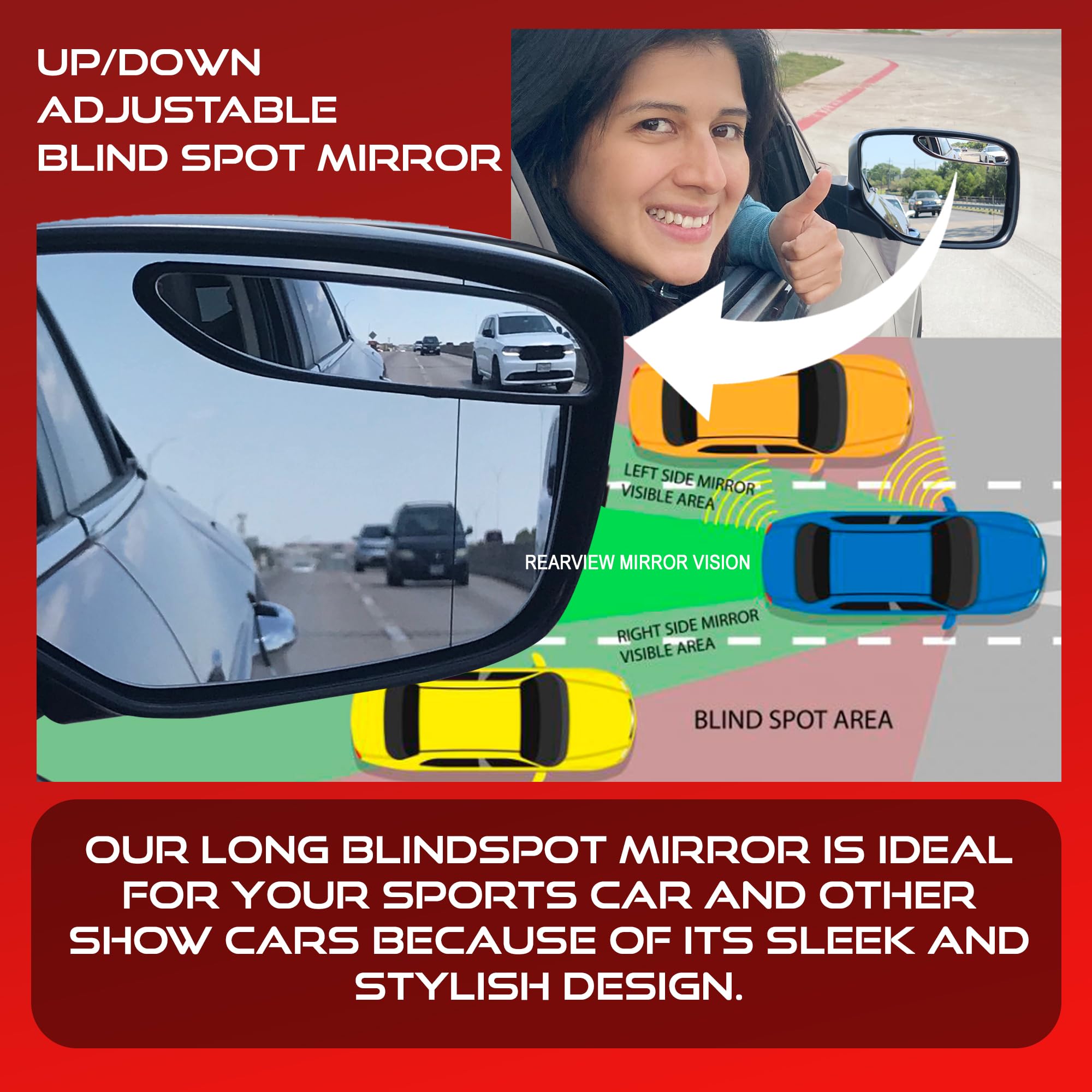Utopicar Long Blind Spot Car Mirror - Convex Adjustable Rear View Mirrors, 2 Pack, Black, 5 Model, Glass Material