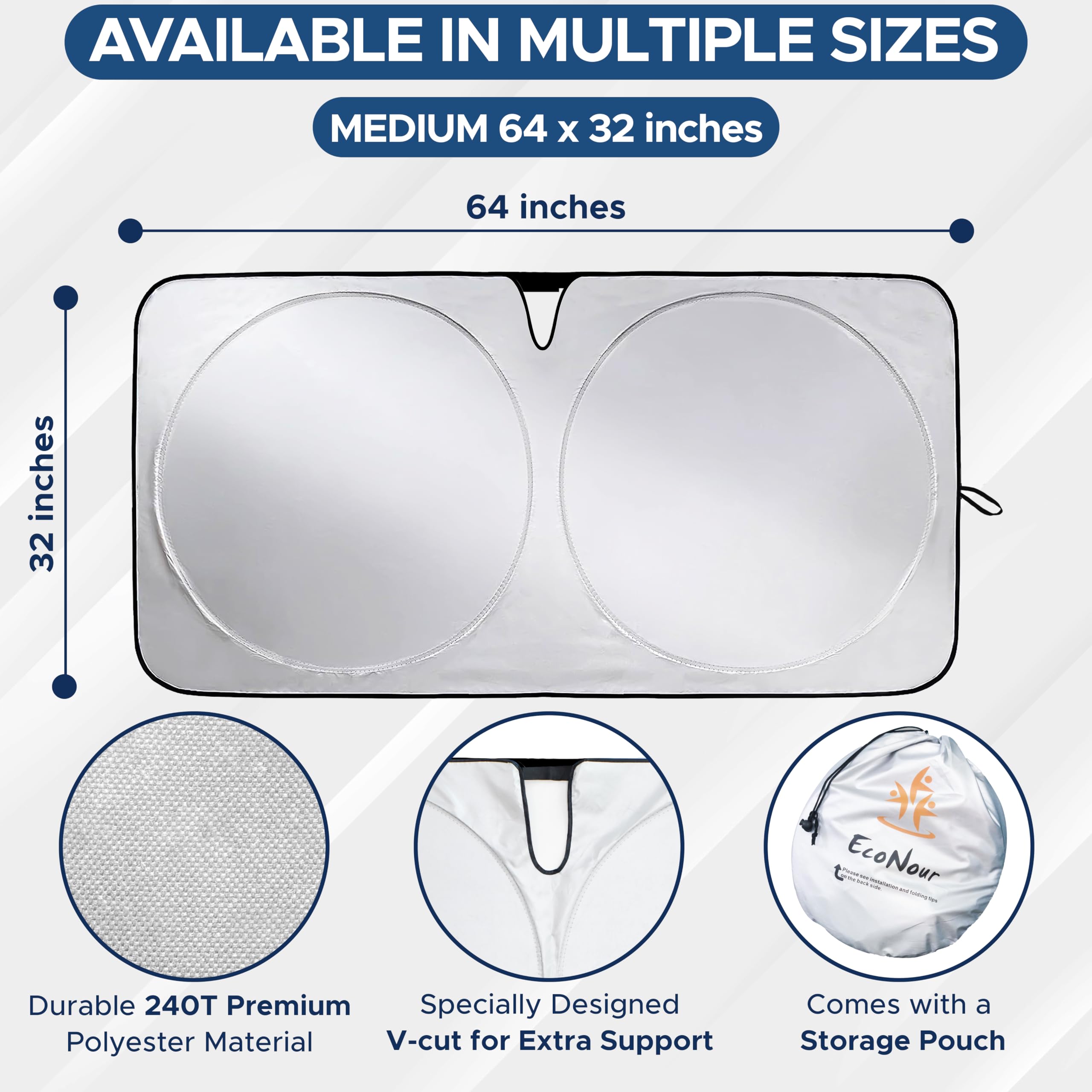 Econour Car Windshield Sun Shade With Mirror Cut | Sunshade For Car Windshield For Sun,Heat,Uv Rays, 240T Polyester Windshield S