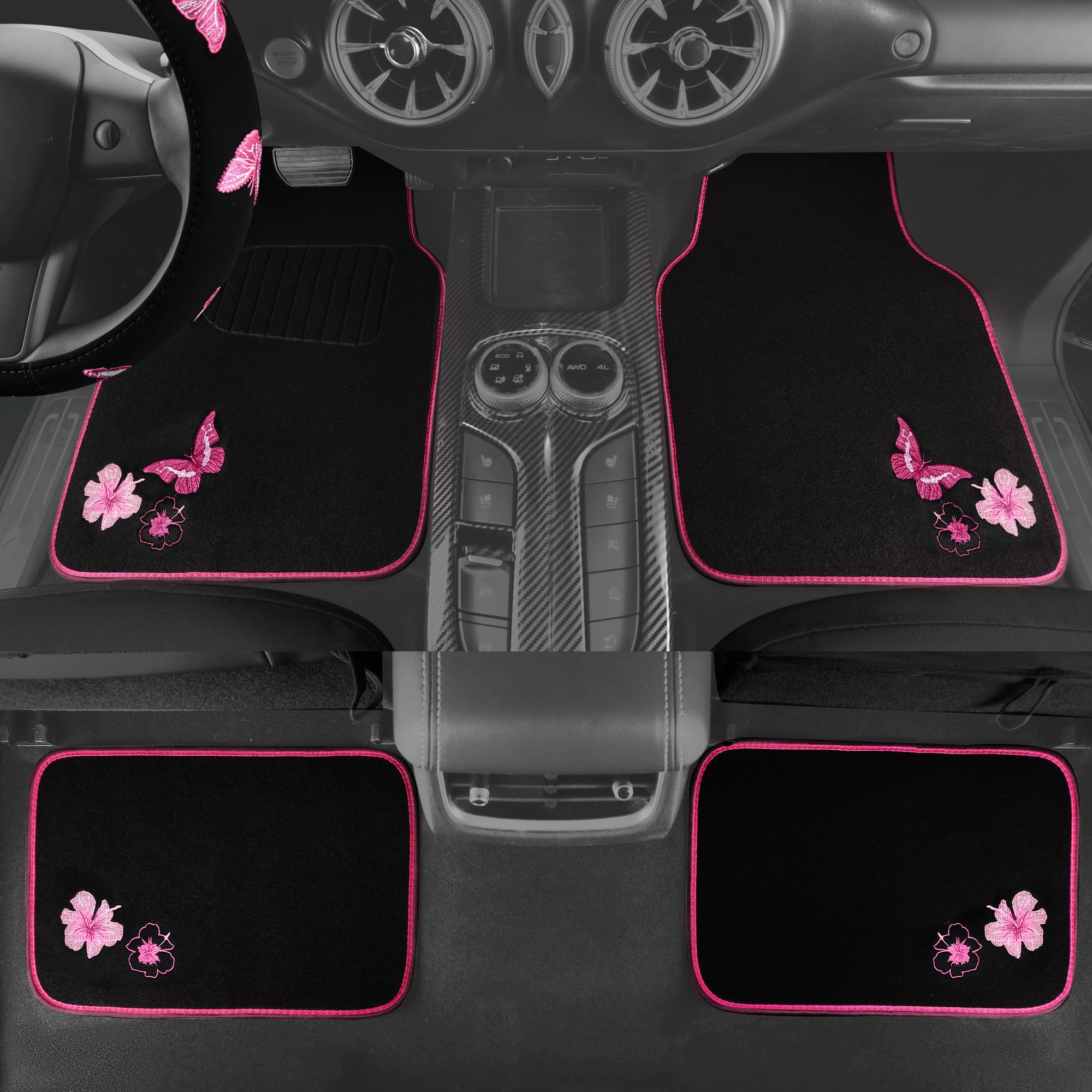 Car Pass Embroidery Butterfly Steering Wheel Cover And Waterproof Car Floor Mats,Pink Car Mats 14.5-15Inch Steering Wheel Covers