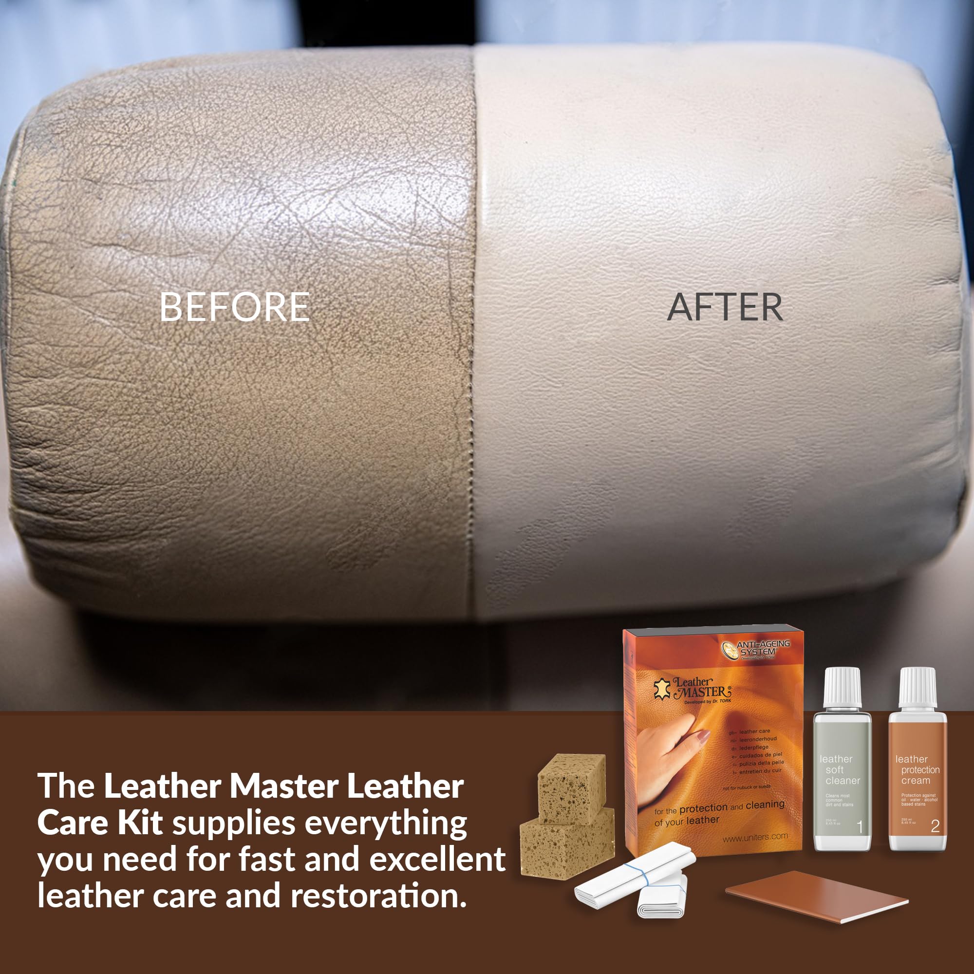 Leather Master Leather Care Kit - 250 ML Cleaner & Conditioner for Car Seats, Furniture, Purses & Jackets - Includes Sponge & Wipes