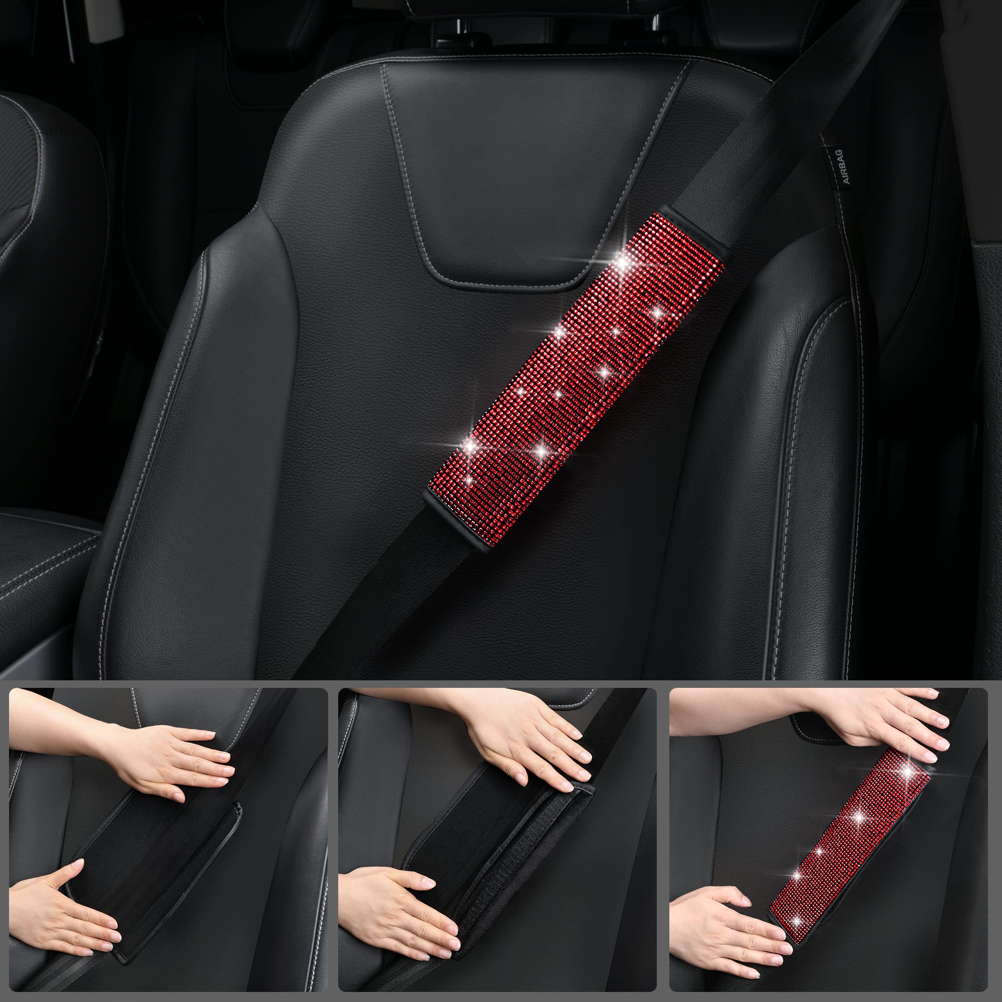 Car Pass 7 Pcs Bling Red Steering Wheel Cover Set For Women, Sparkly Rhinestone Diamond Bling Seat Belt Cushion, Glitter Shift K